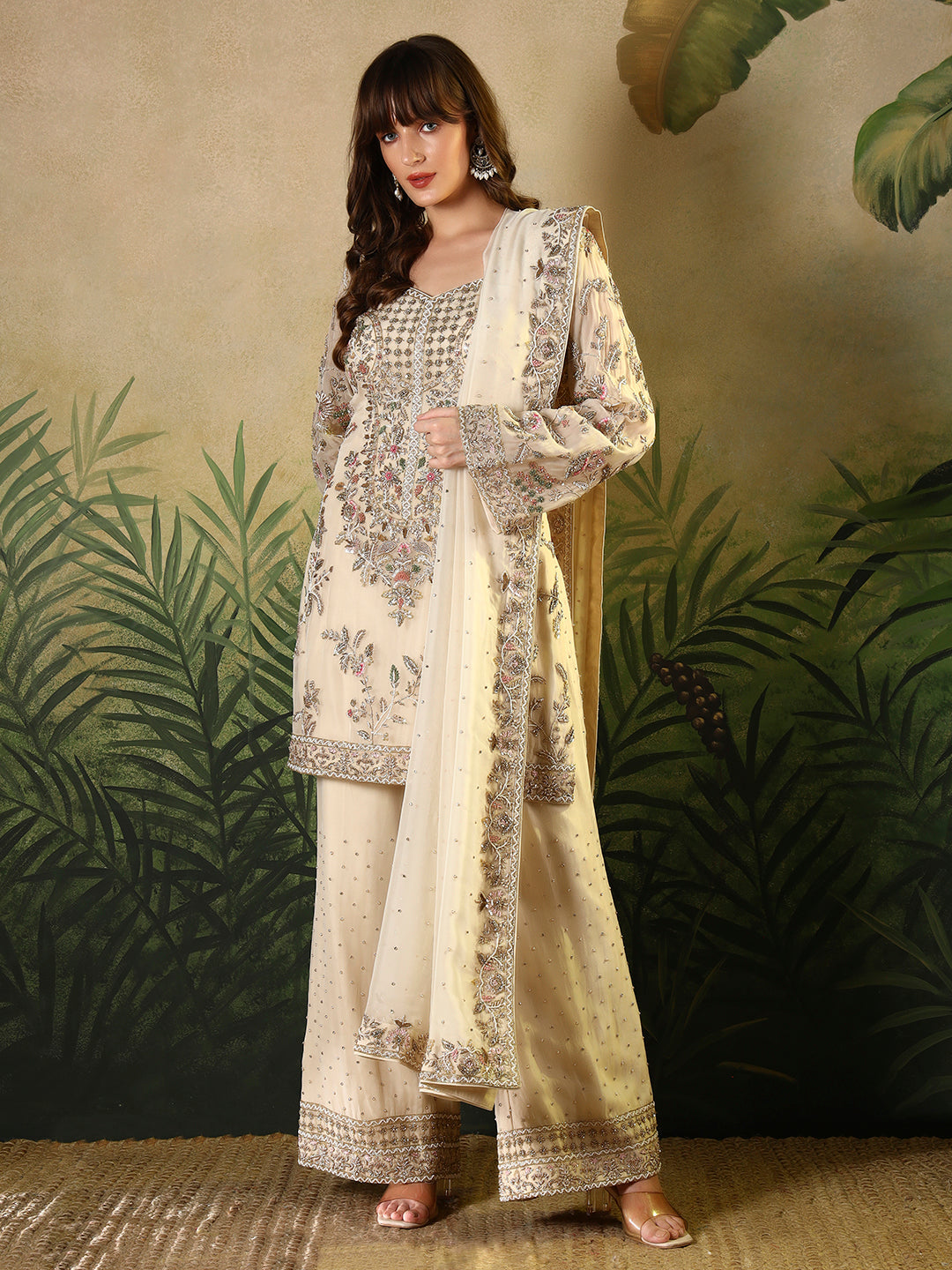 Ivory Embroidered Straight Kurta Set with Palazzo and Dupatta