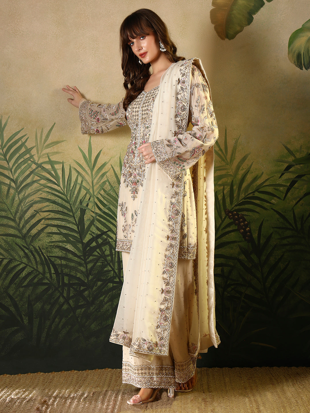 Ivory Embroidered Straight Kurta Set with Palazzo and Dupatta