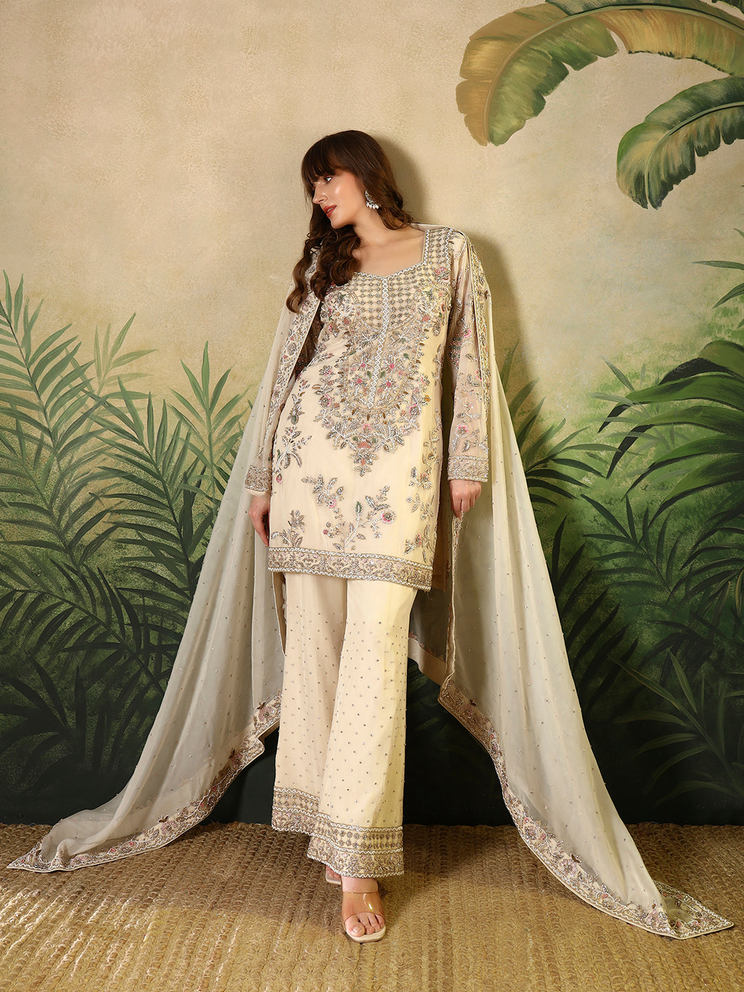 Ivory Embroidered Straight Kurta Set with Palazzo and Dupatta