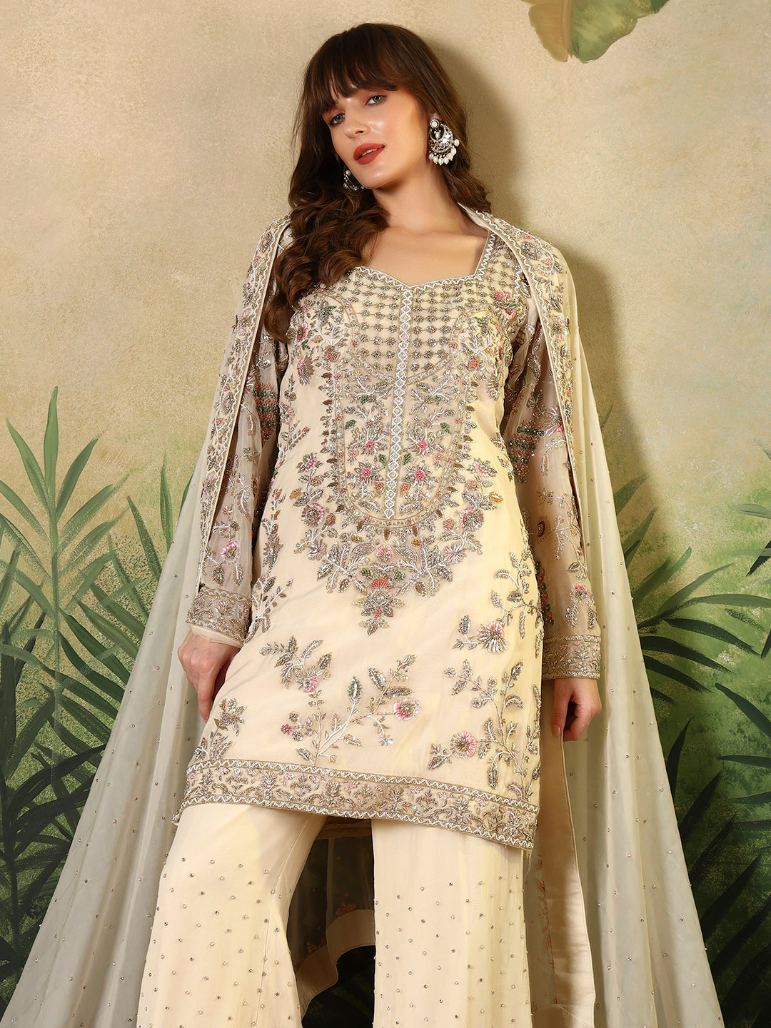 Ivory Embroidered Straight Kurta Set with Palazzo and Dupatta
