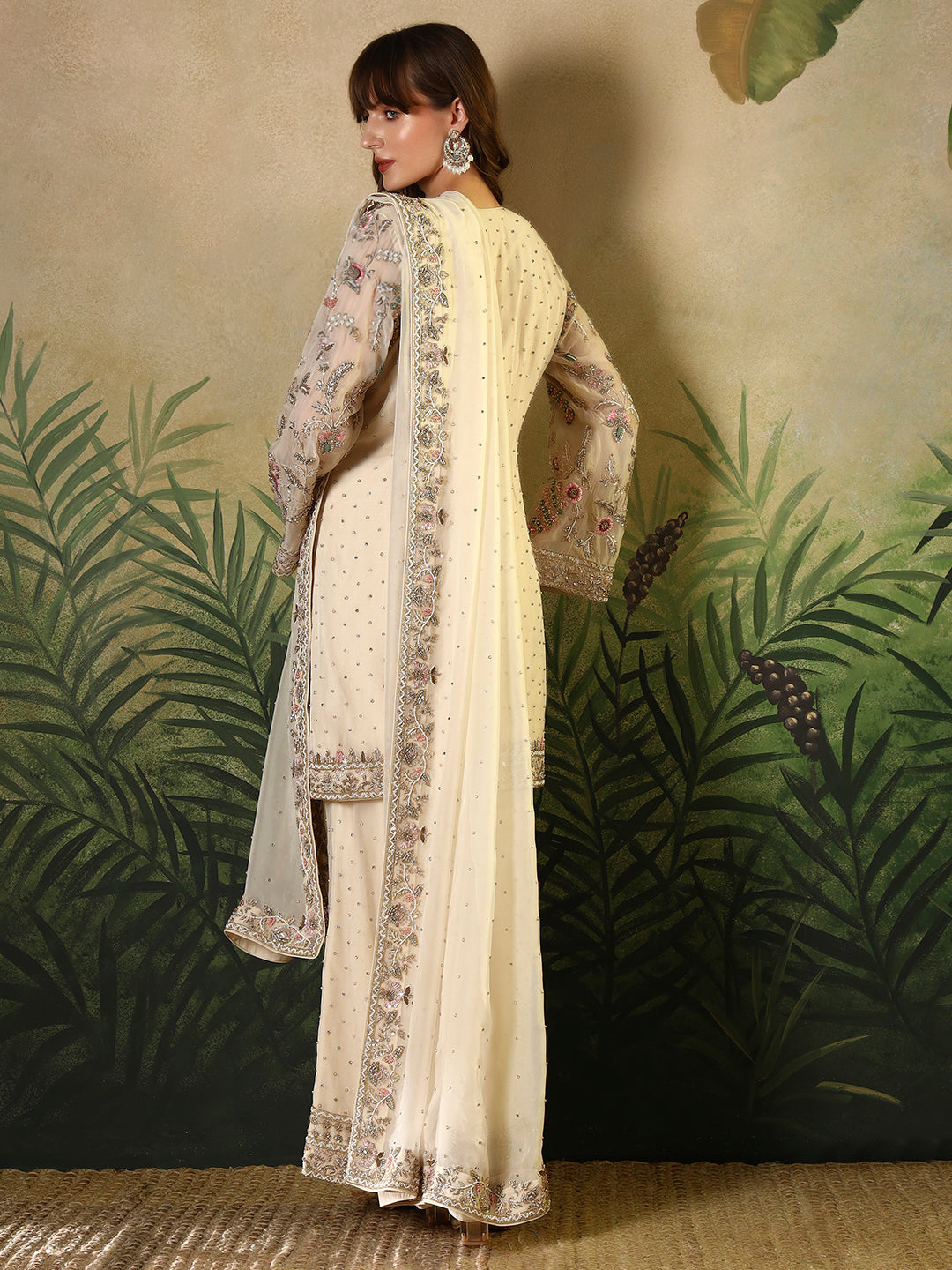 Ivory Embroidered Straight Kurta Set with Palazzo and Dupatta