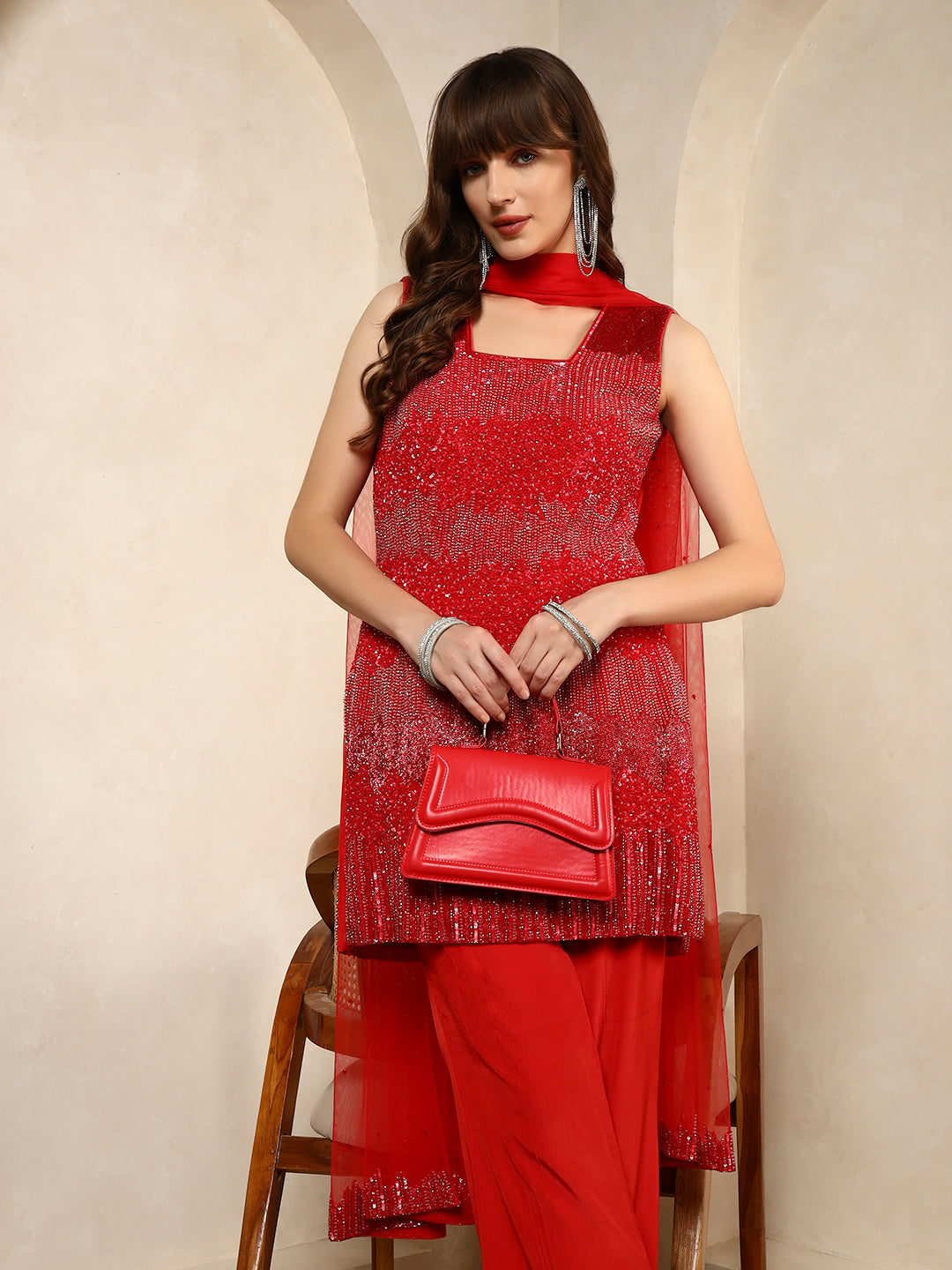 Radiant Red Sequinned Kurta Set with Straight Pants and Net Dupatta