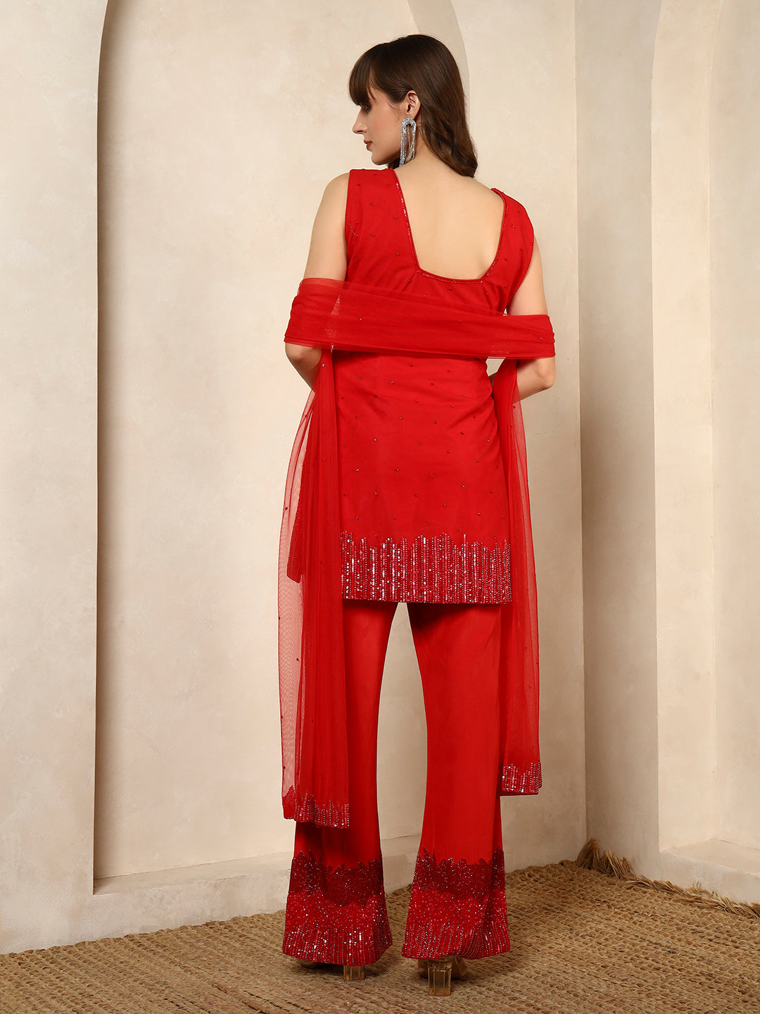 Radiant Red Sequinned Kurta Set with Straight Pants and Net Dupatta
