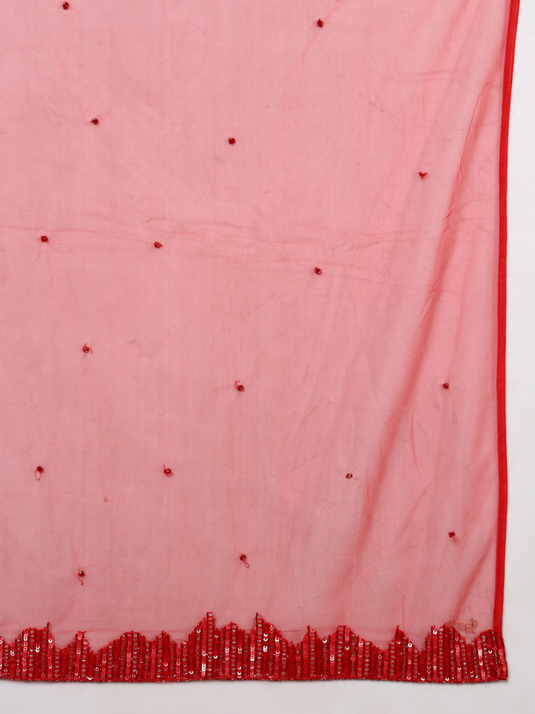 Radiant Red Sequinned Kurta Set with Straight Pants and Net Dupatta