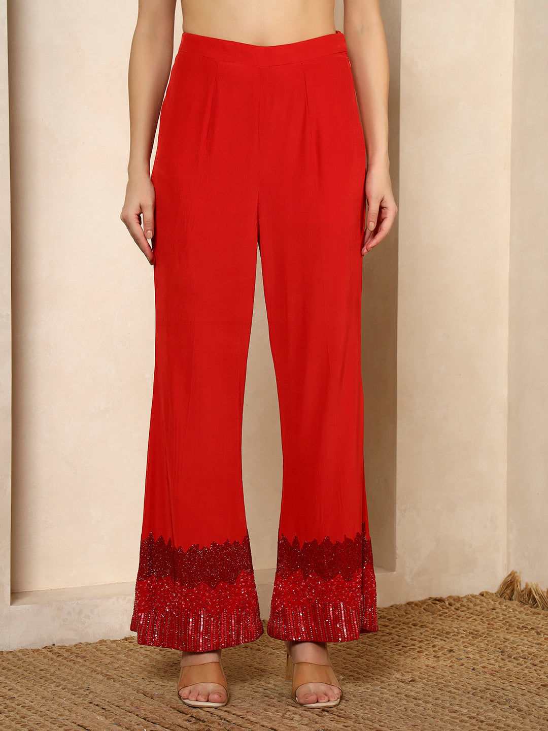 Radiant Red Sequinned Kurta Set with Straight Pants and Net Dupatta