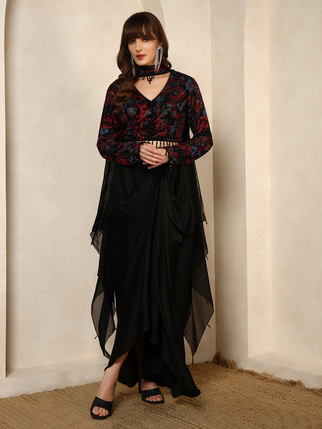 Black and Red Sequin Embellished Crop Top with Draped Skirt Set