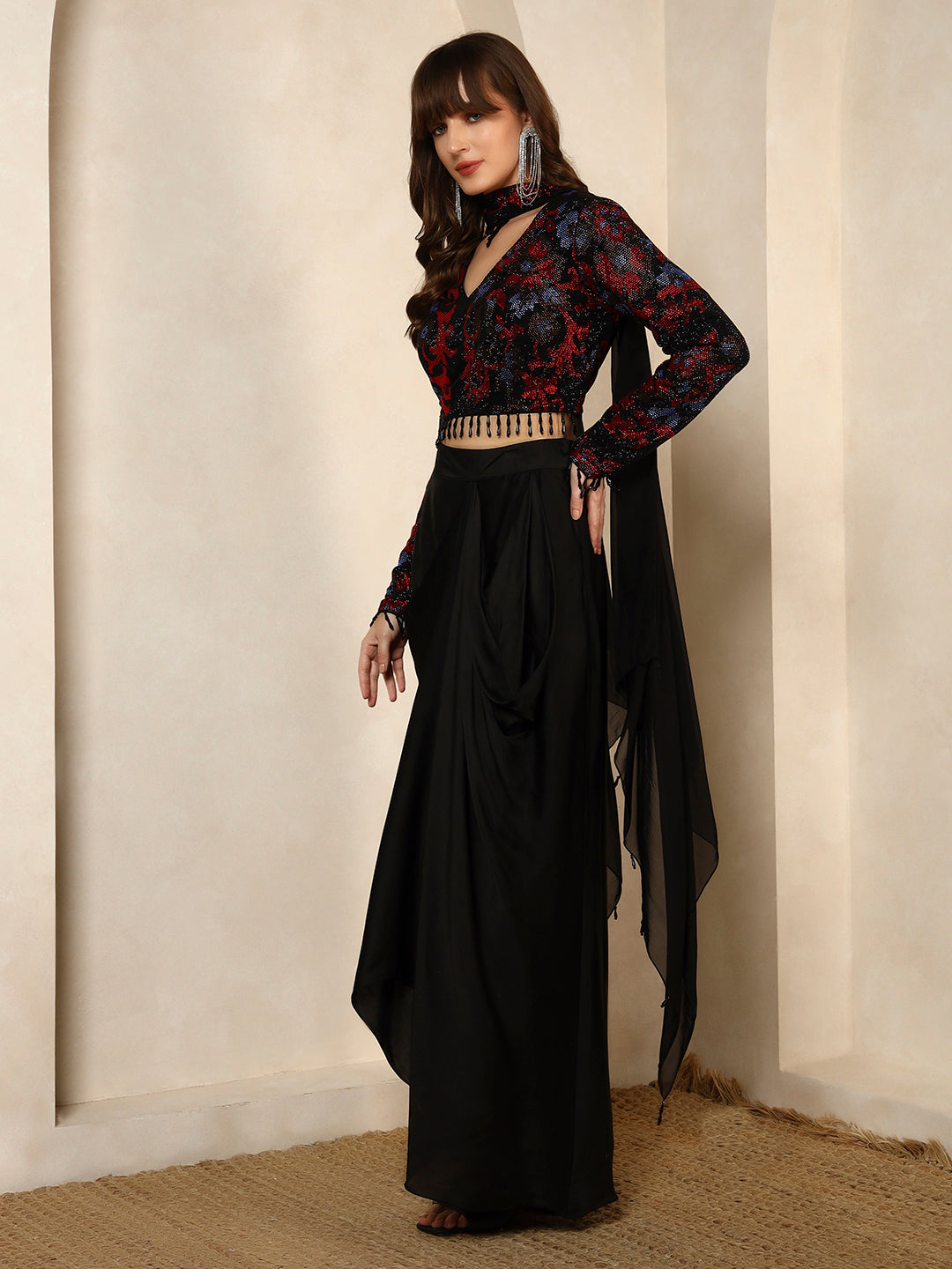 Black and Red Sequin Embellished Crop Top with Draped Skirt Set