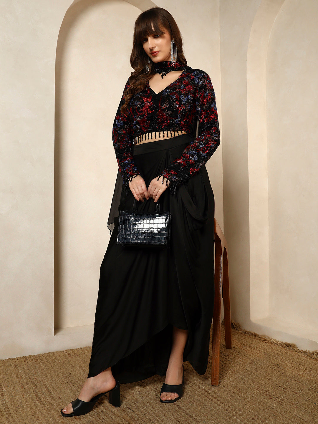 Black and Red Sequin Embellished Crop Top with Draped Skirt Set