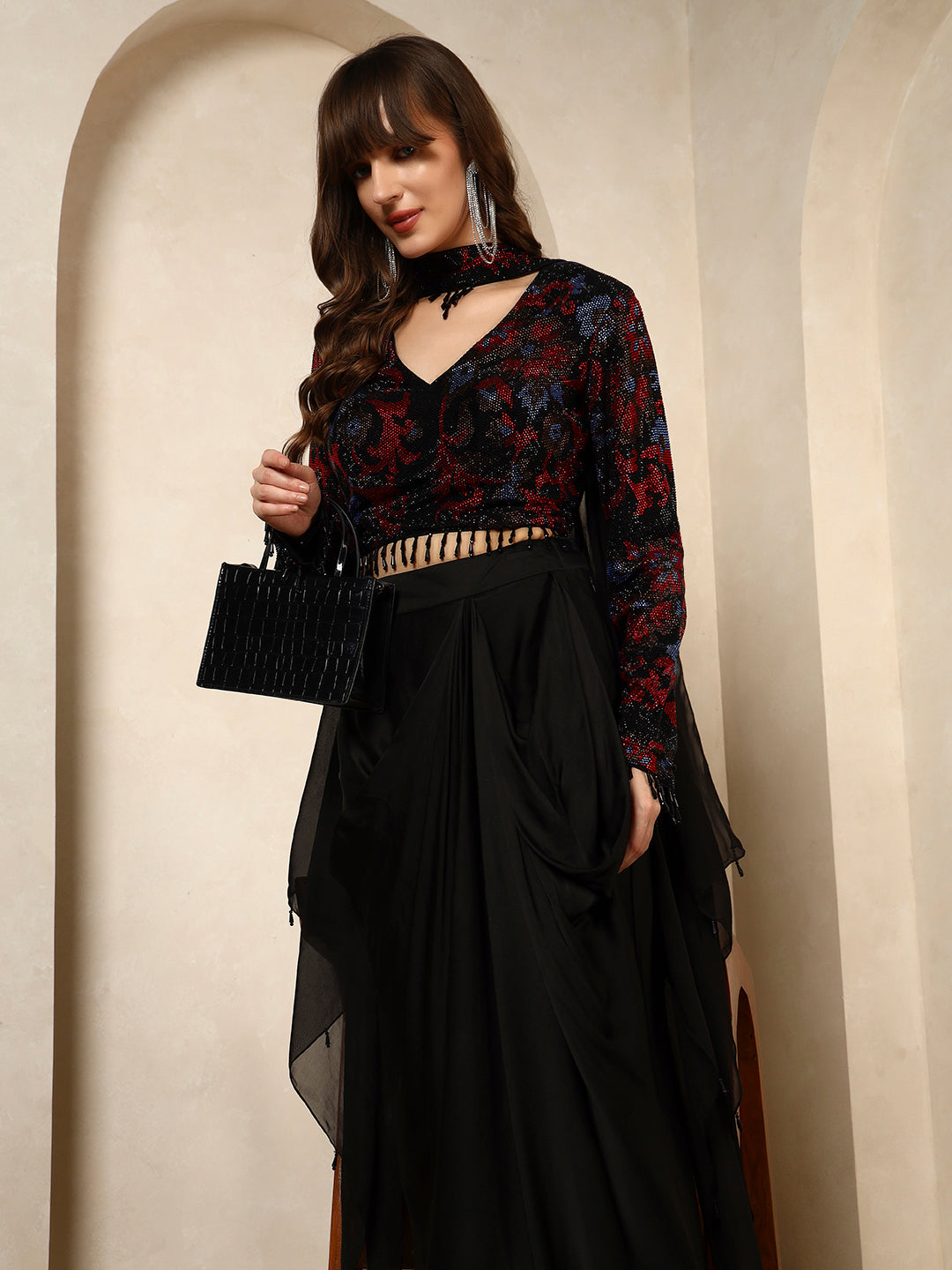 Black and Red Sequin Embellished Crop Top with Draped Skirt Set