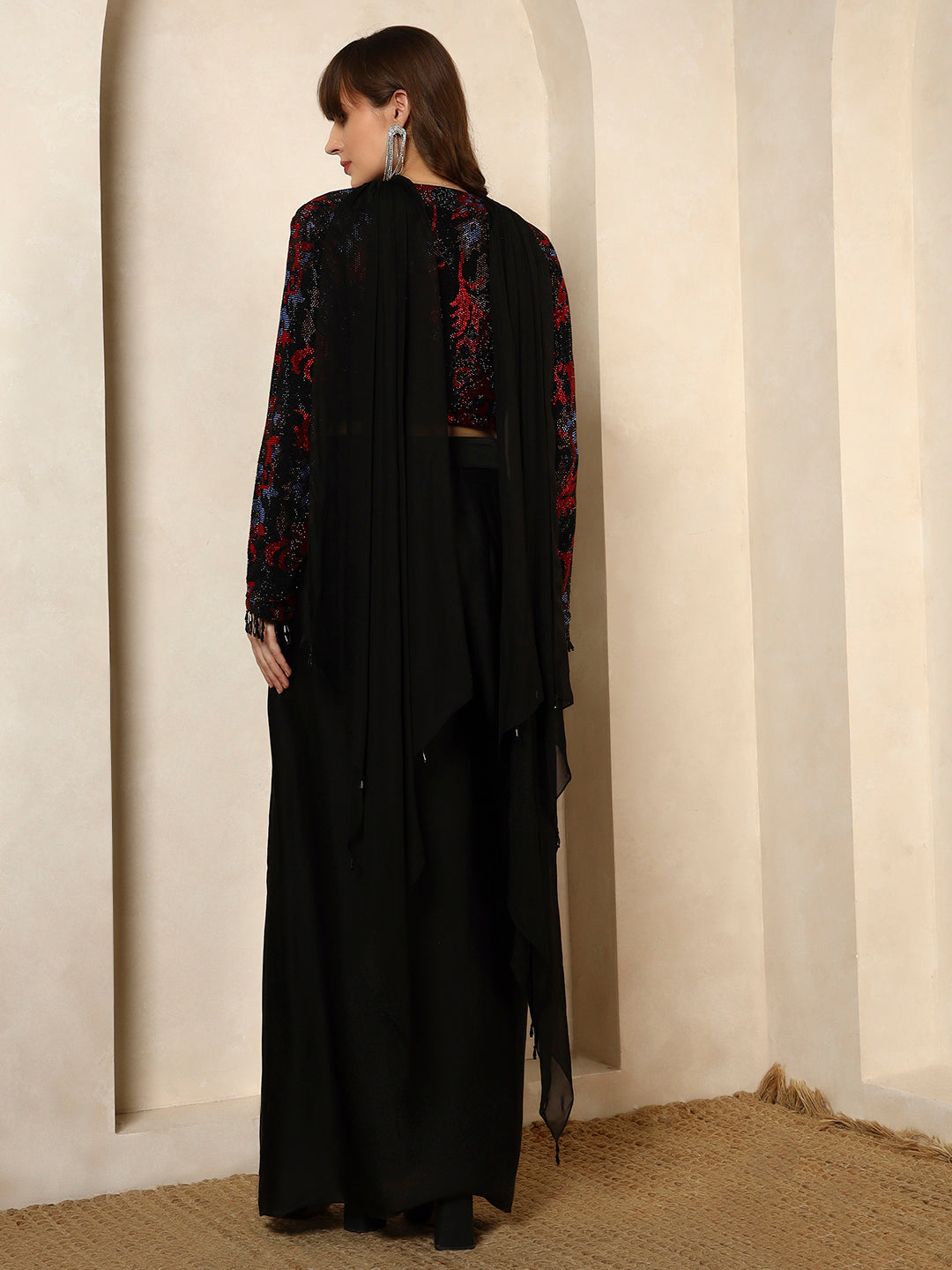 Black and Red Sequin Embellished Crop Top with Draped Skirt Set