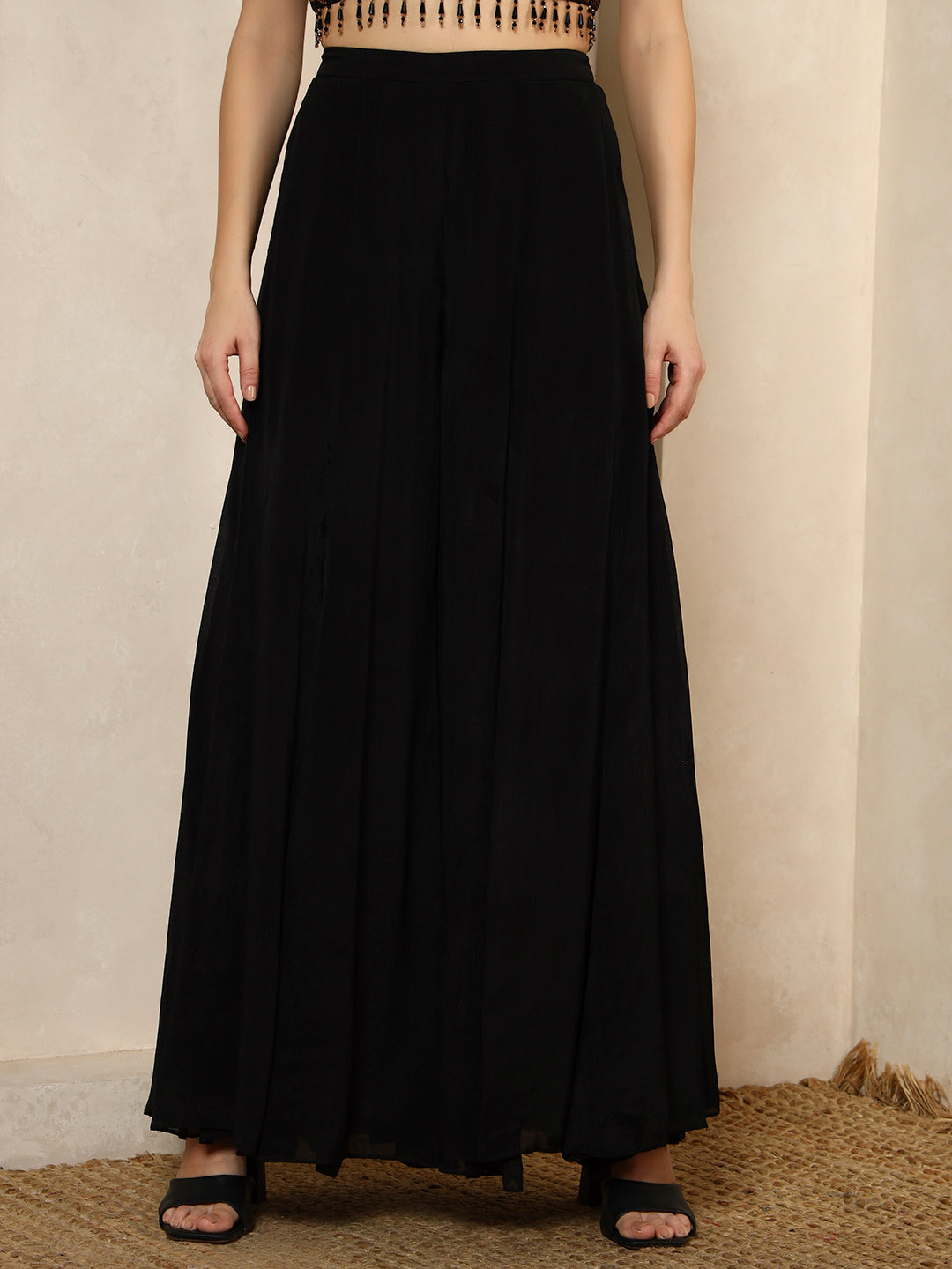 Black Printed Crop Top and Palazzo Set with Matching Cape