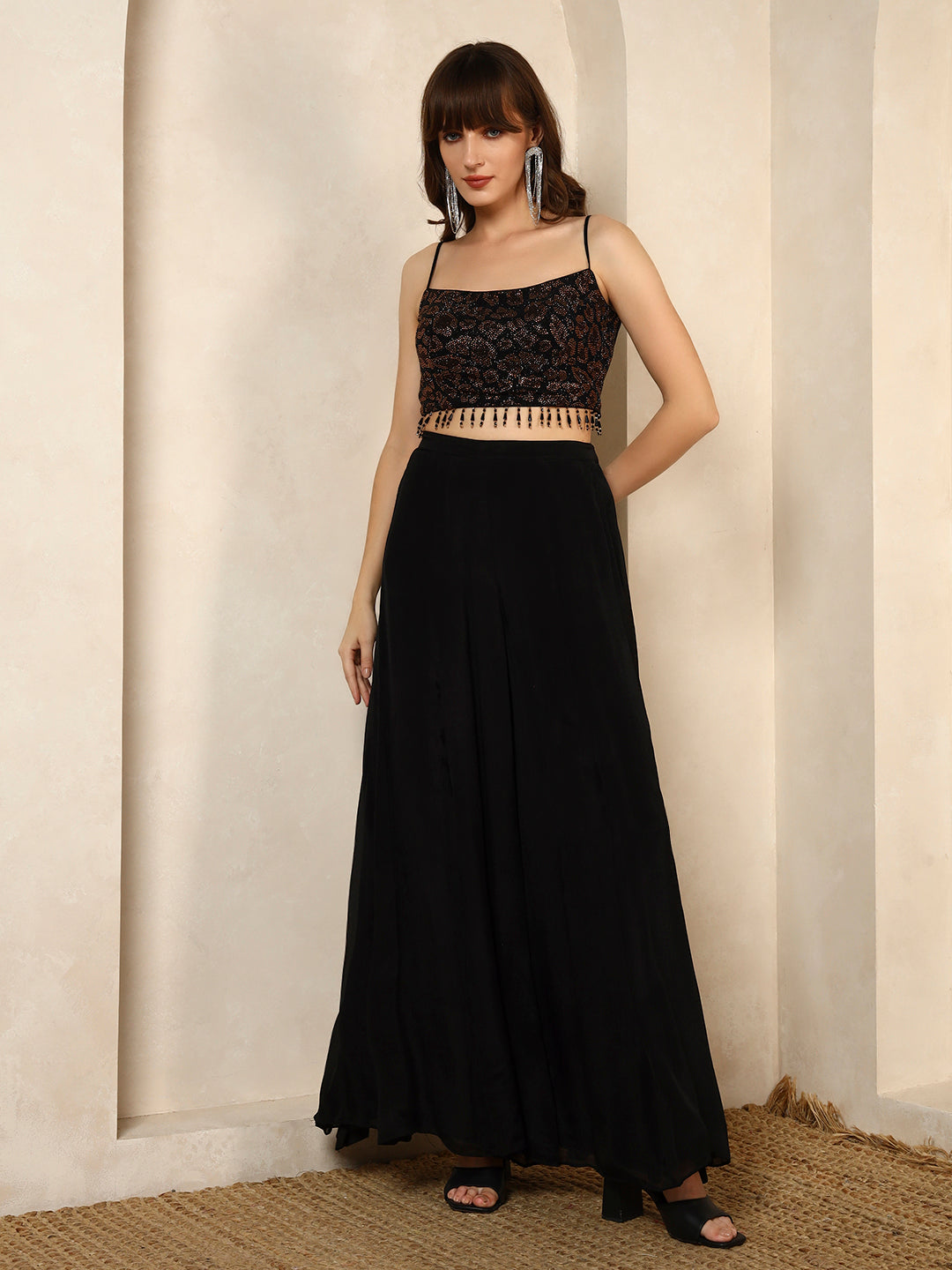 Black Printed Crop Top and Palazzo Set with Matching Cape