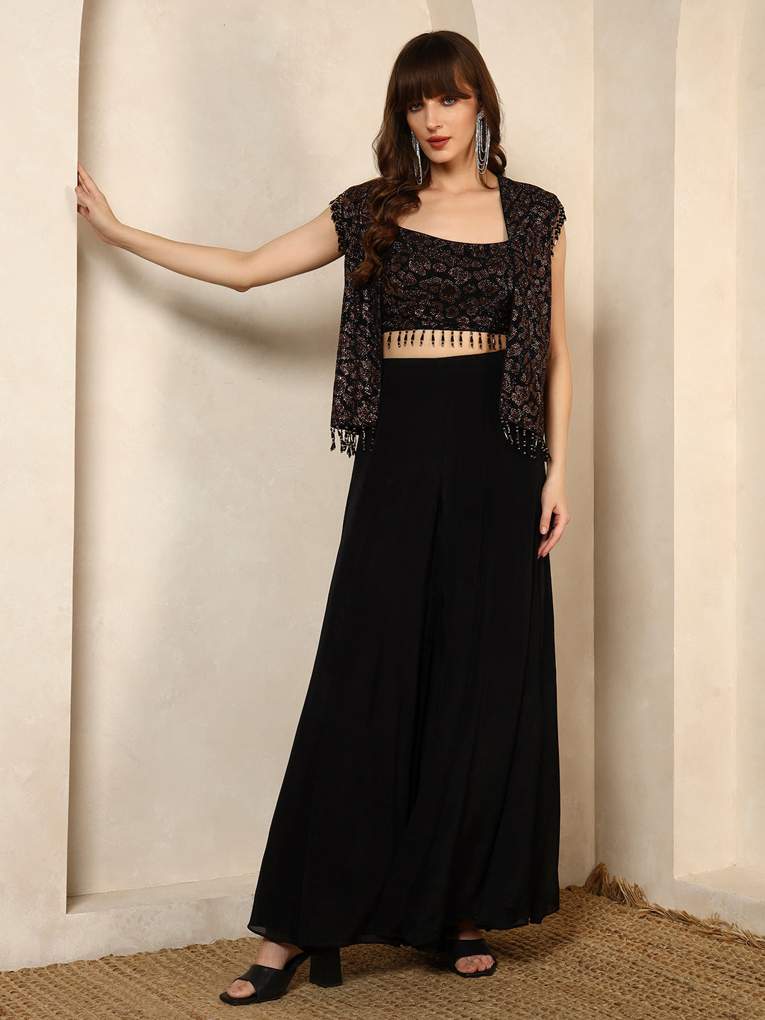 Black Printed Crop Top and Palazzo Set with Matching Cape