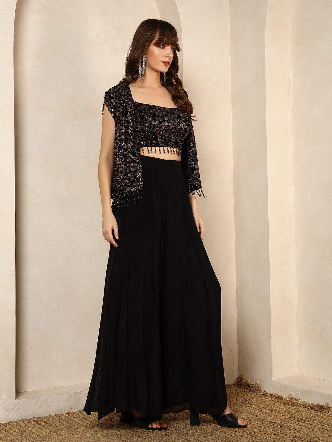 Black Printed Crop Top and Palazzo Set with Matching Cape