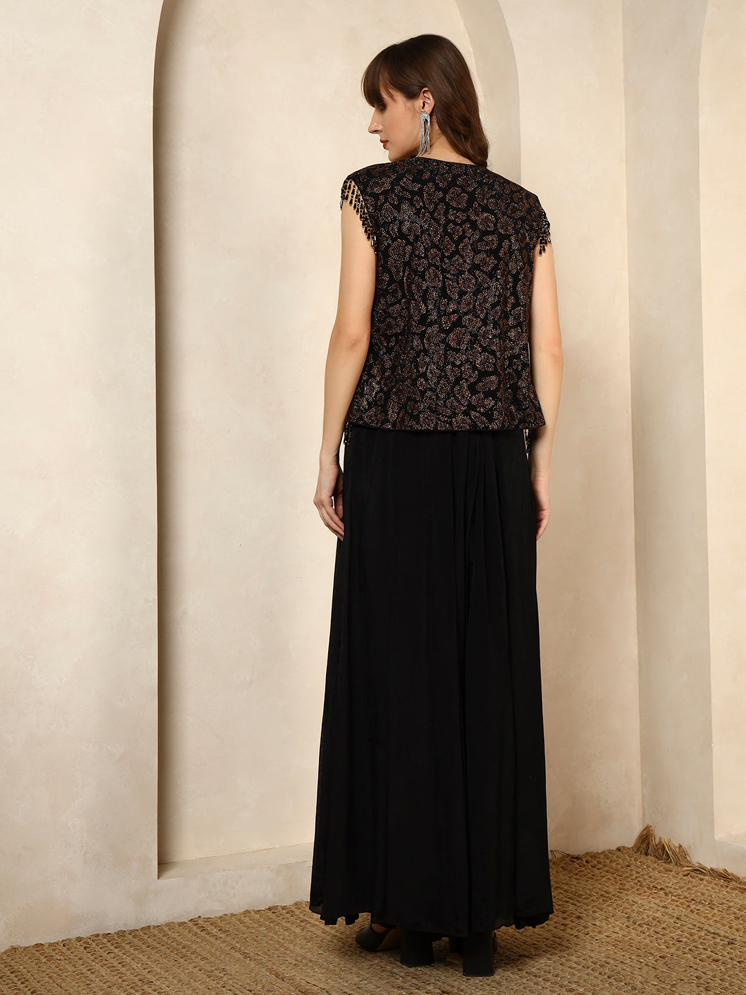 Black Printed Crop Top and Palazzo Set with Matching Cape
