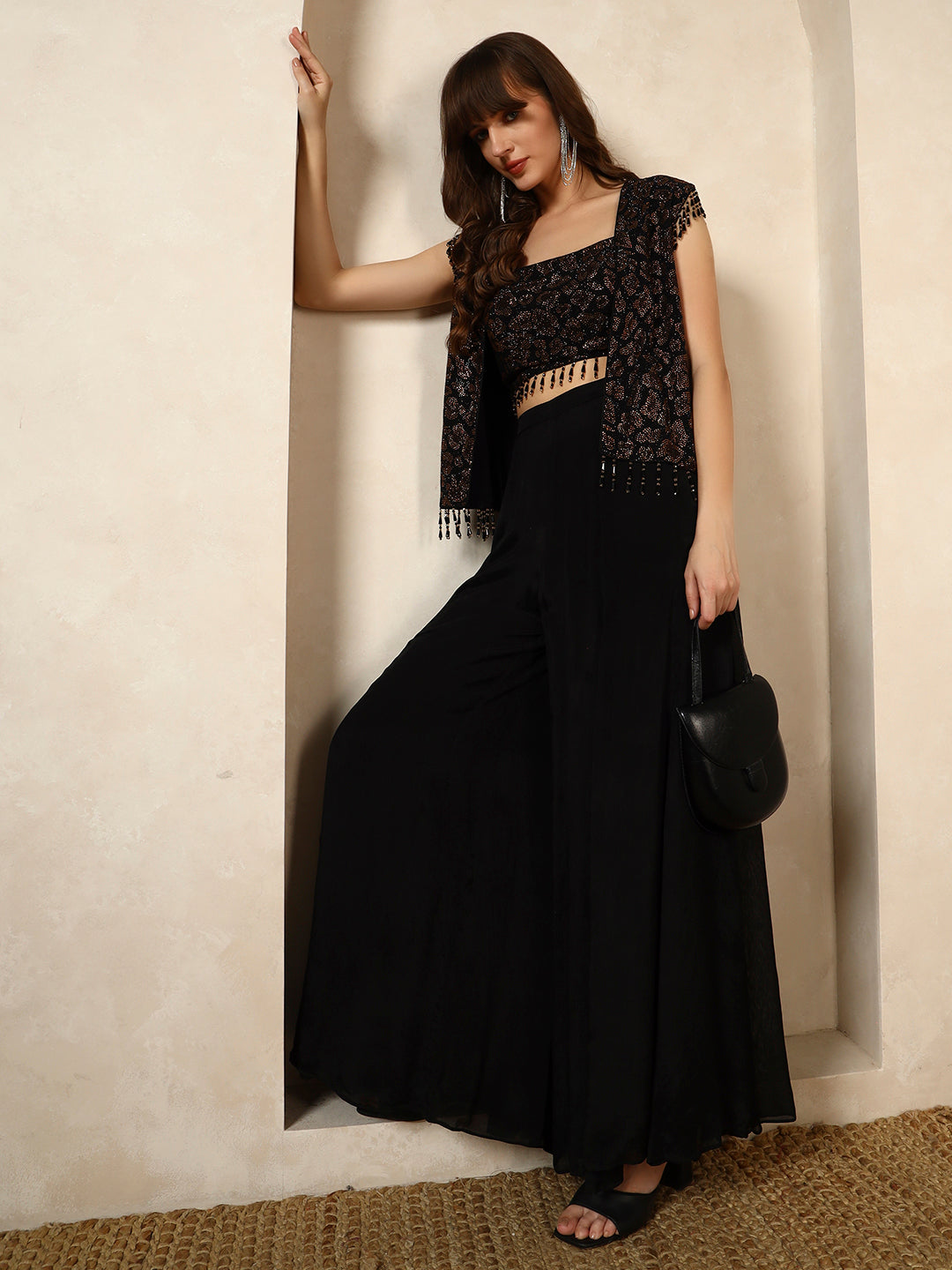 Black Printed Crop Top and Palazzo Set with Matching Cape