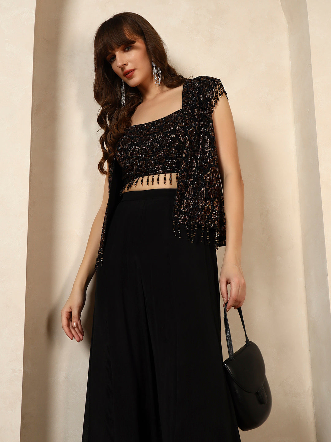 Black Printed Crop Top and Palazzo Set with Matching Cape