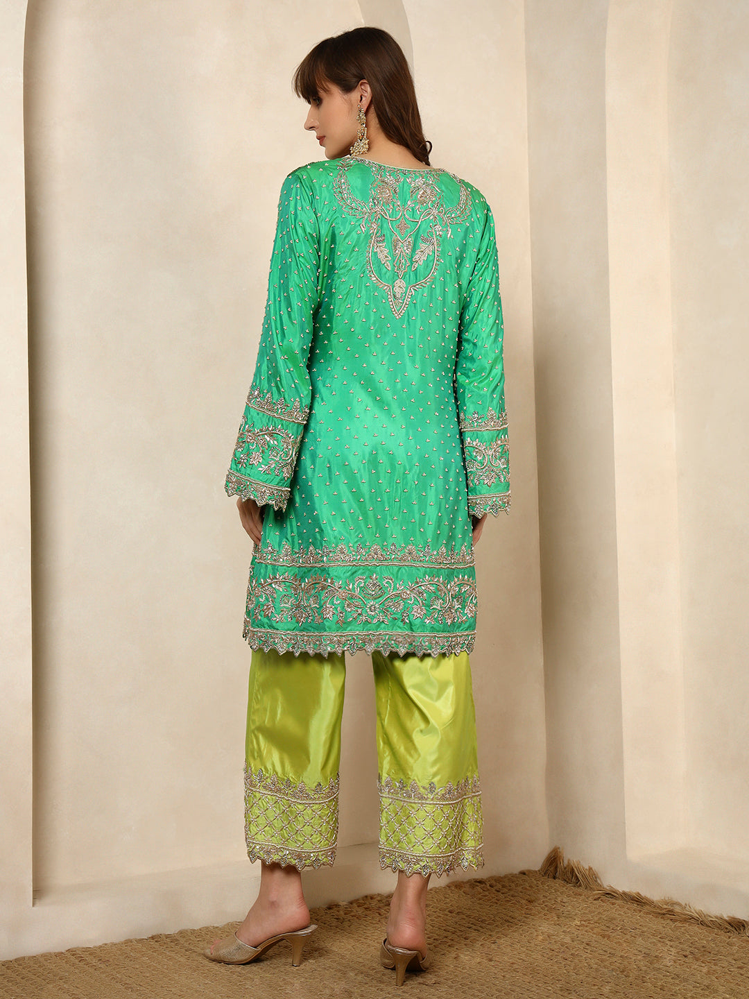 Mint Green Embroidered Kurta with Lime Sharara Pants