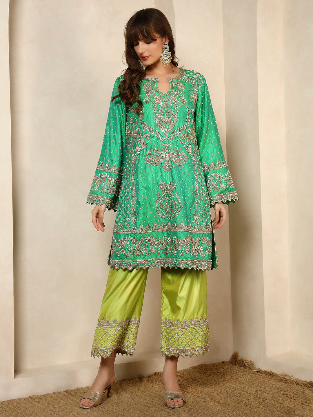 Mint Green Embroidered Kurta with Lime Sharara Pants
