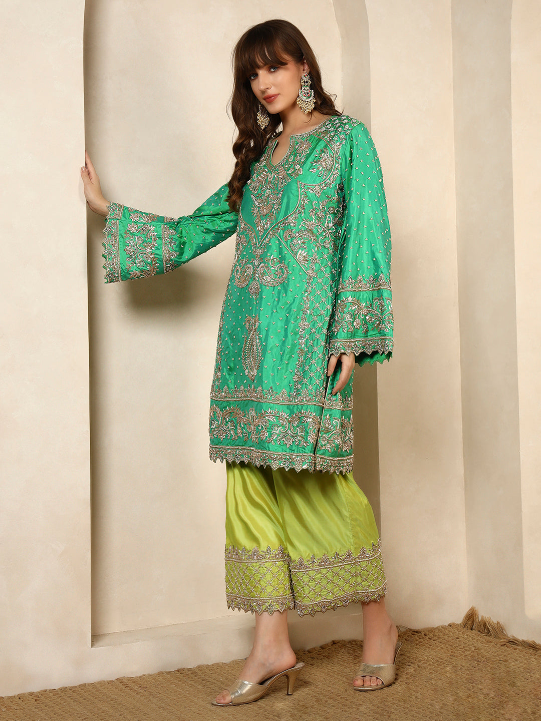 Mint Green Embroidered Kurta with Lime Sharara Pants