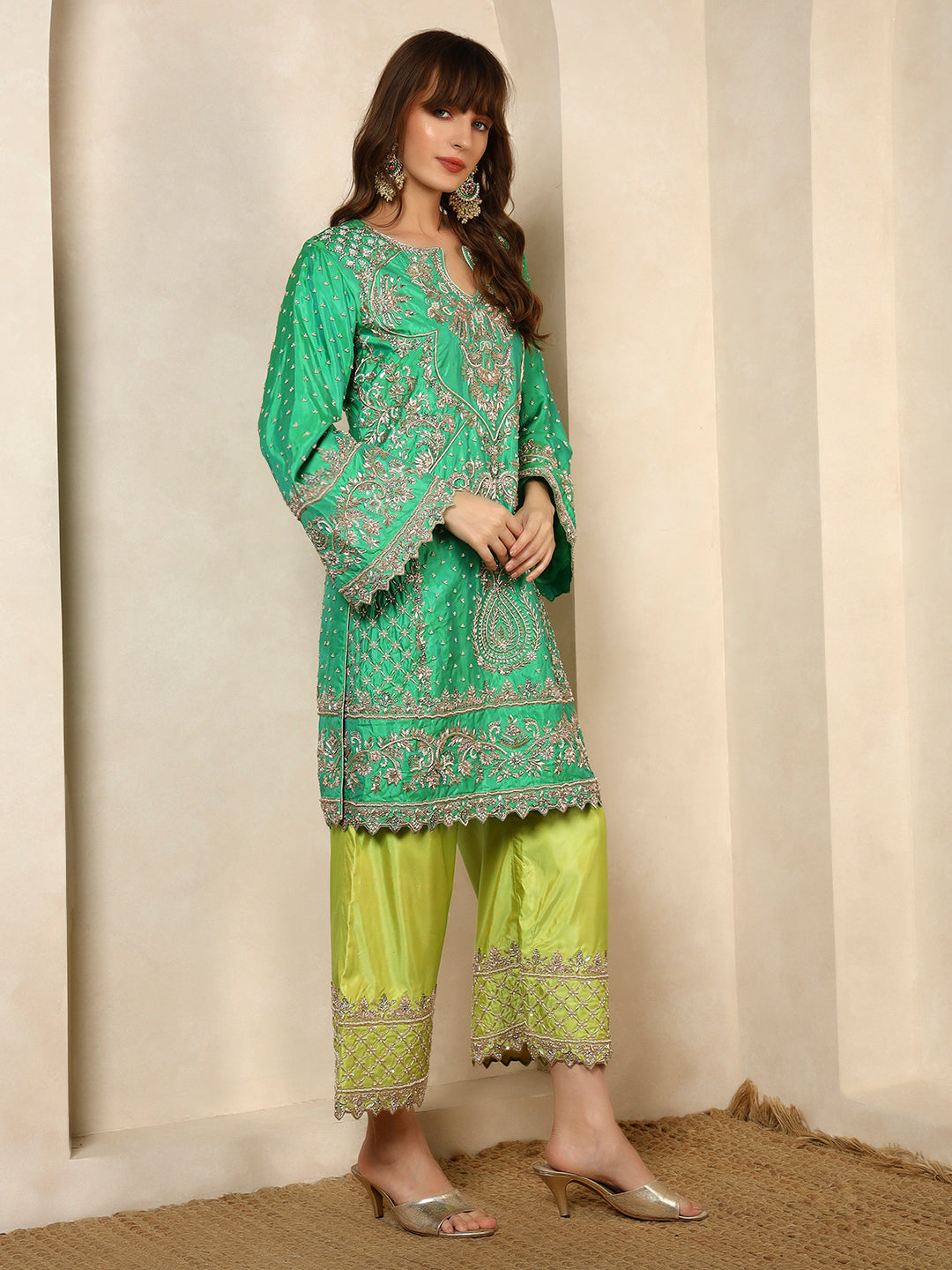 Mint Green Embroidered Kurta with Lime Sharara Pants