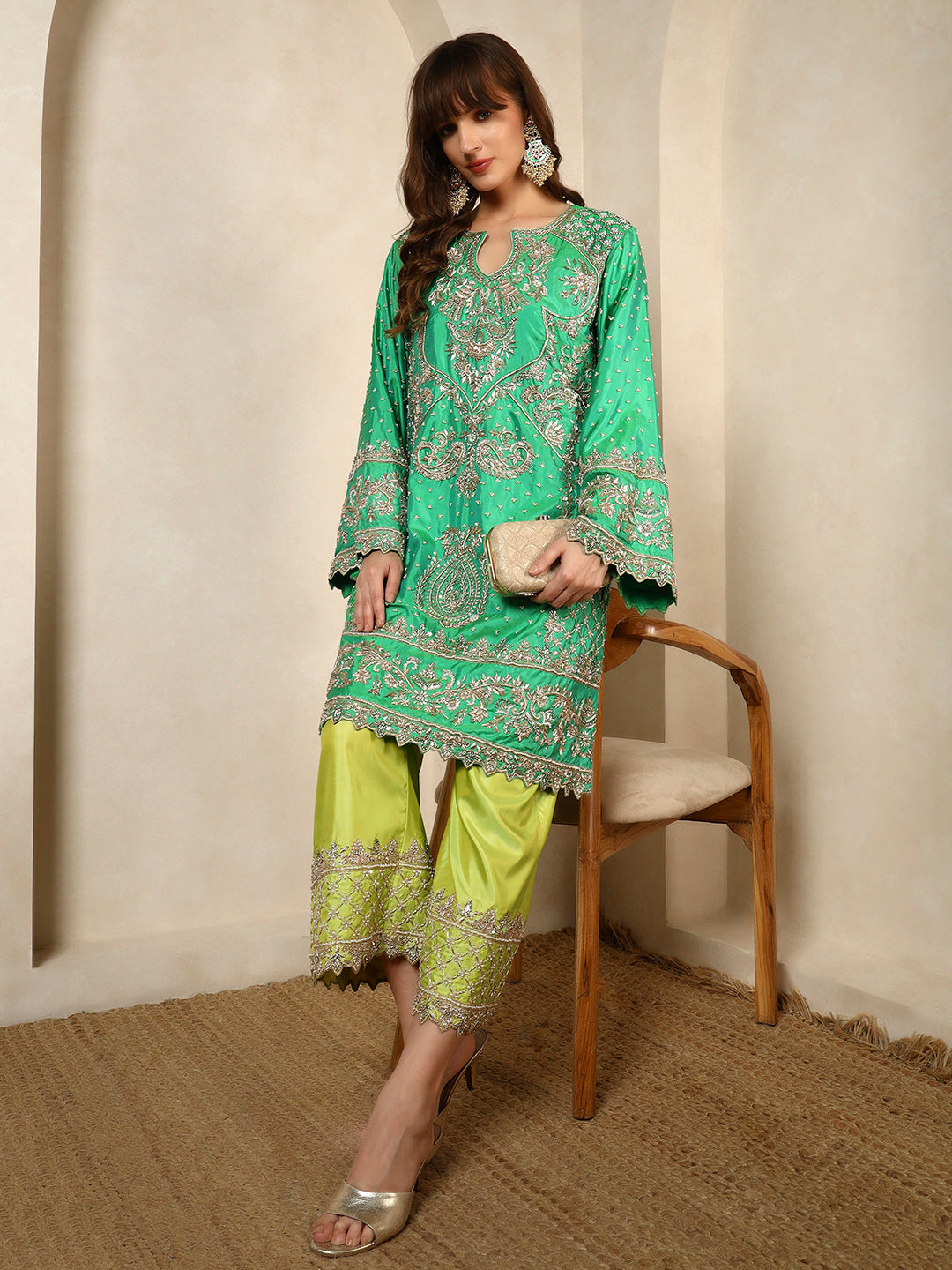 Mint Green Embroidered Kurta with Lime Sharara Pants