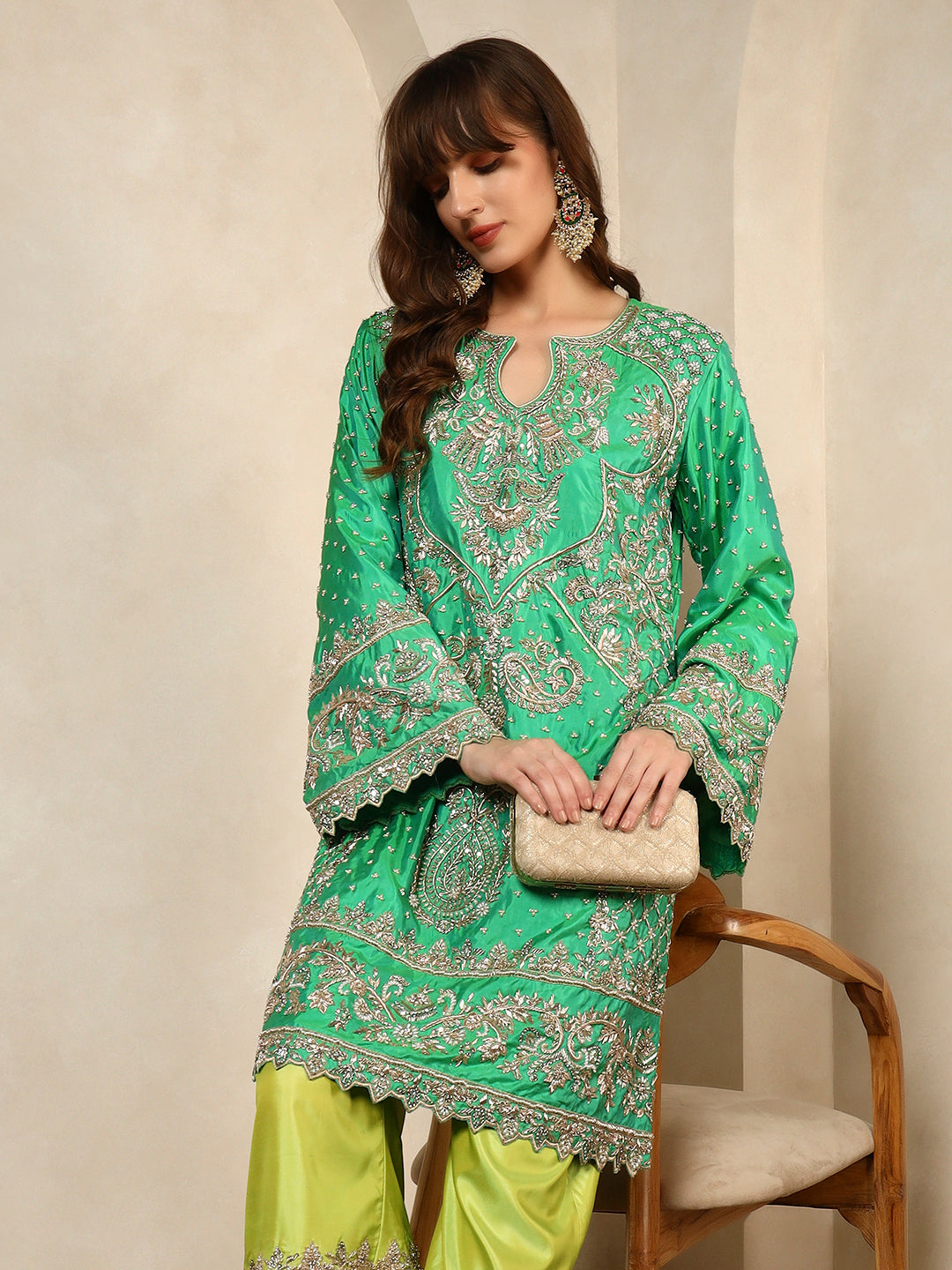 Mint Green Embroidered Kurta with Lime Sharara Pants