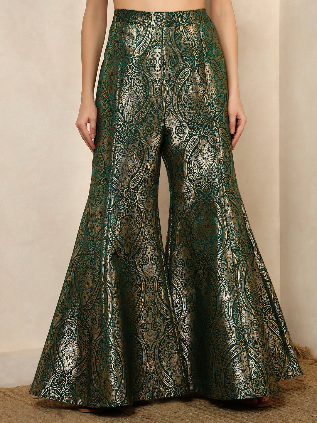 Emerald Green Brocade Peplum Top with Flared Pants Set