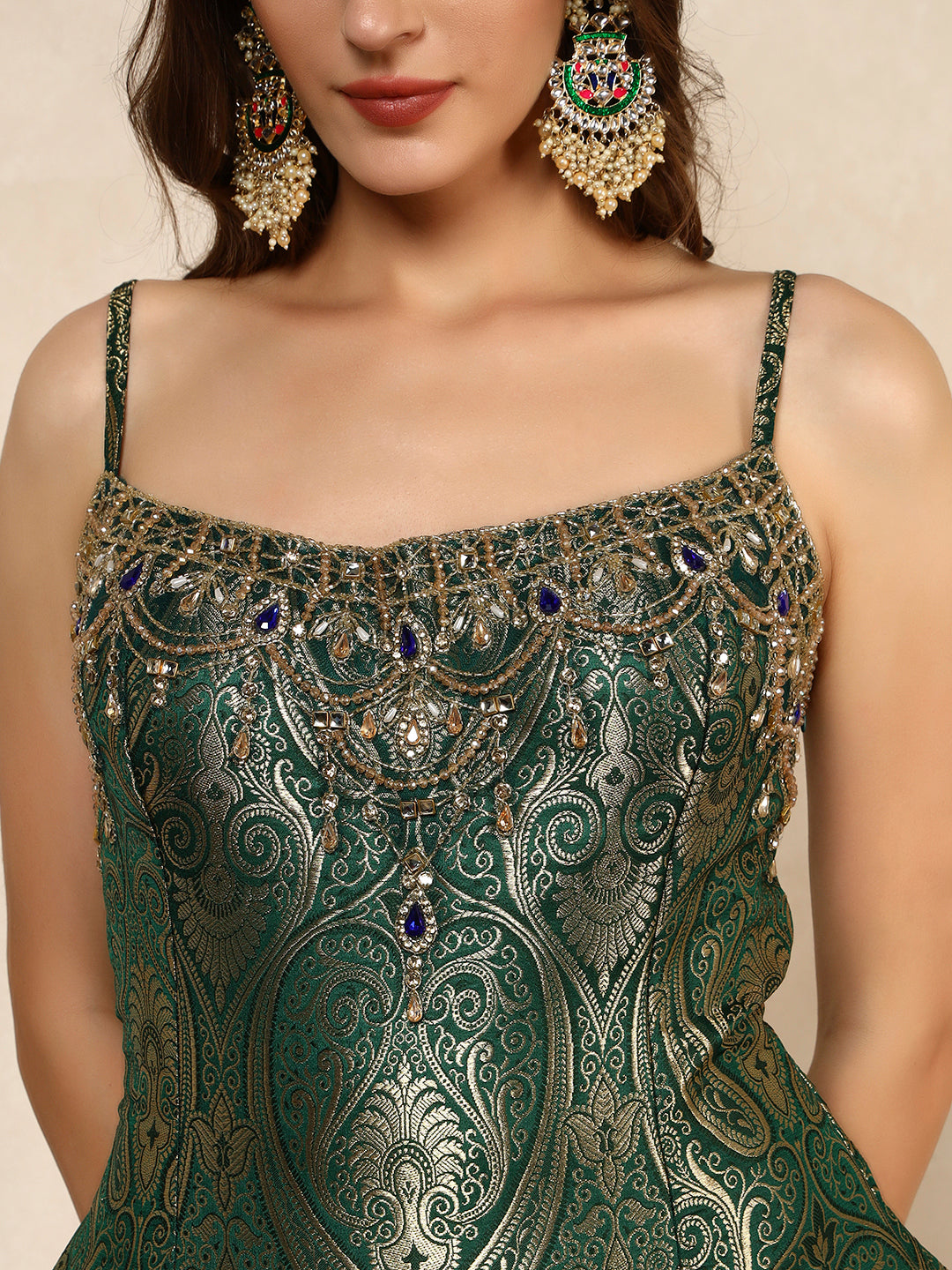 Emerald Green Brocade Peplum Top with Flared Pants Set