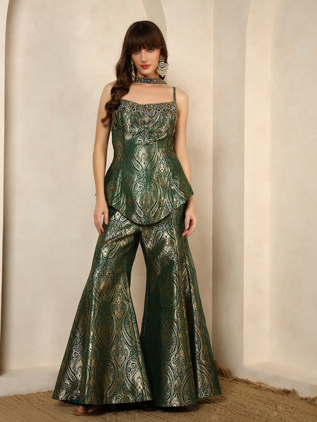 Emerald Green Brocade Peplum Top with Flared Pants Set