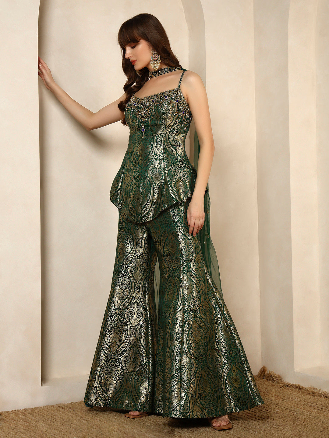 Emerald Green Brocade Peplum Top with Flared Pants Set