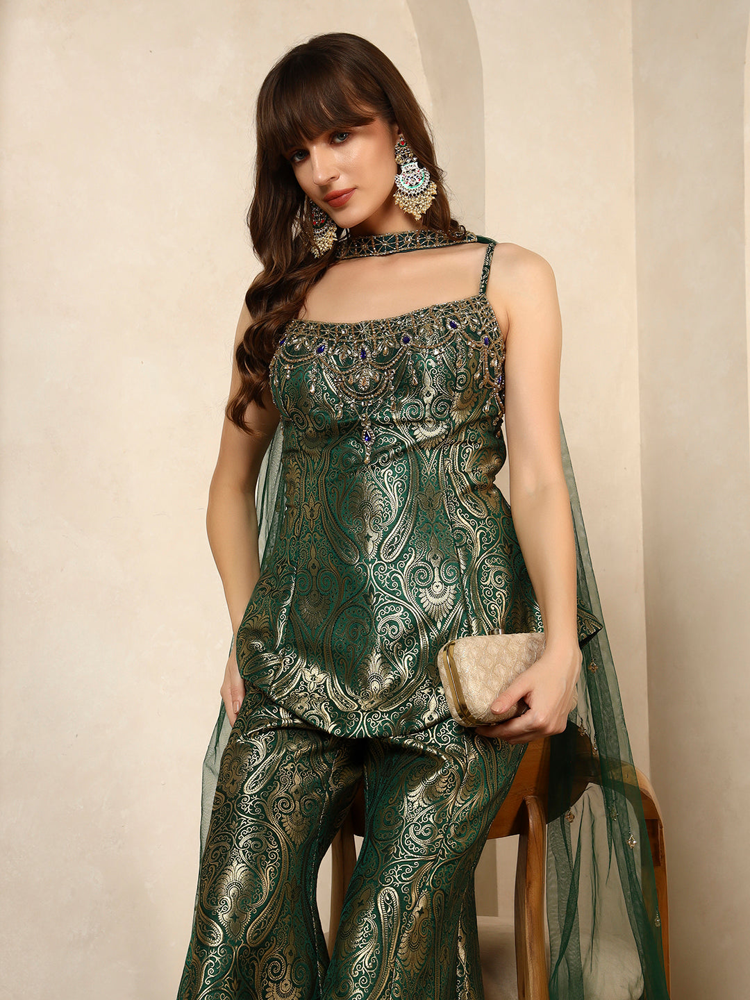 Emerald Green Brocade Peplum Top with Flared Pants Set