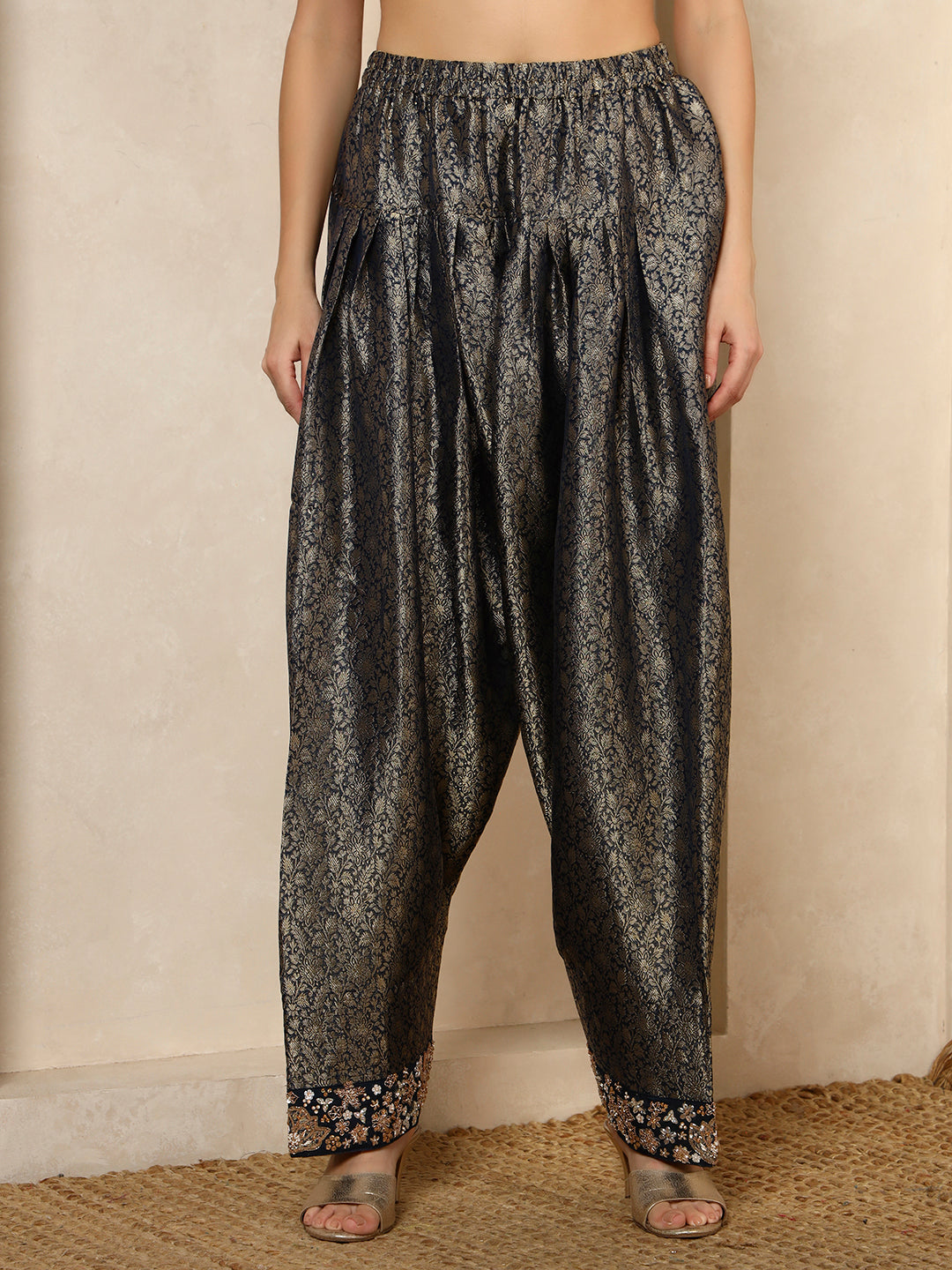 Navy Blue Embellished Kurta with Brocade Dhoti Pants and Dupatta