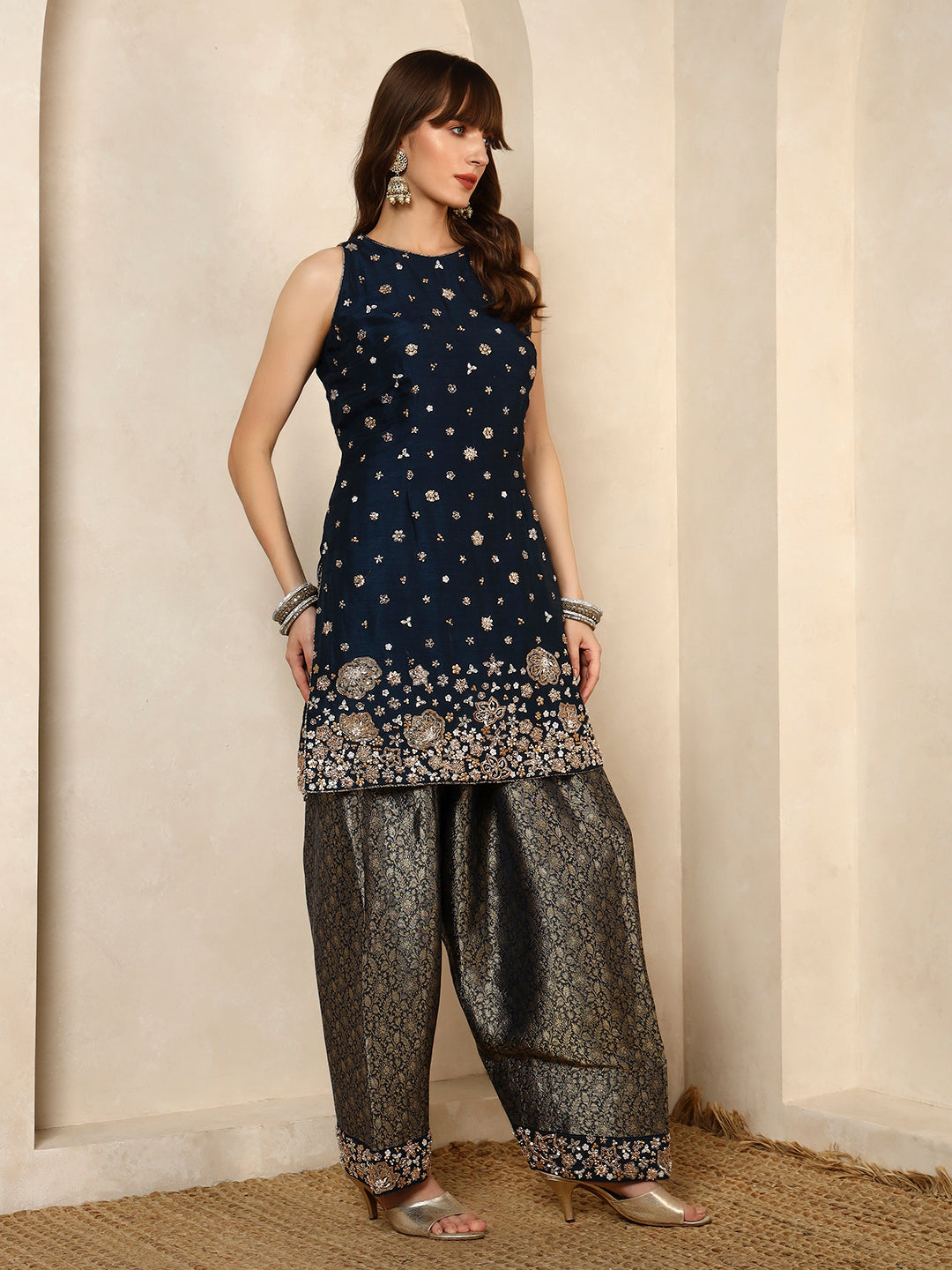 Navy Blue Embellished Kurta with Brocade Dhoti Pants and Dupatta