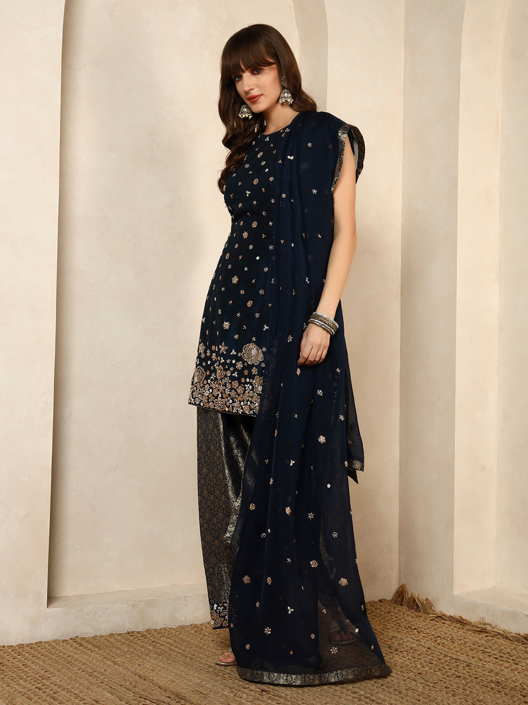 Navy Blue Embellished Kurta with Brocade Dhoti Pants and Dupatta