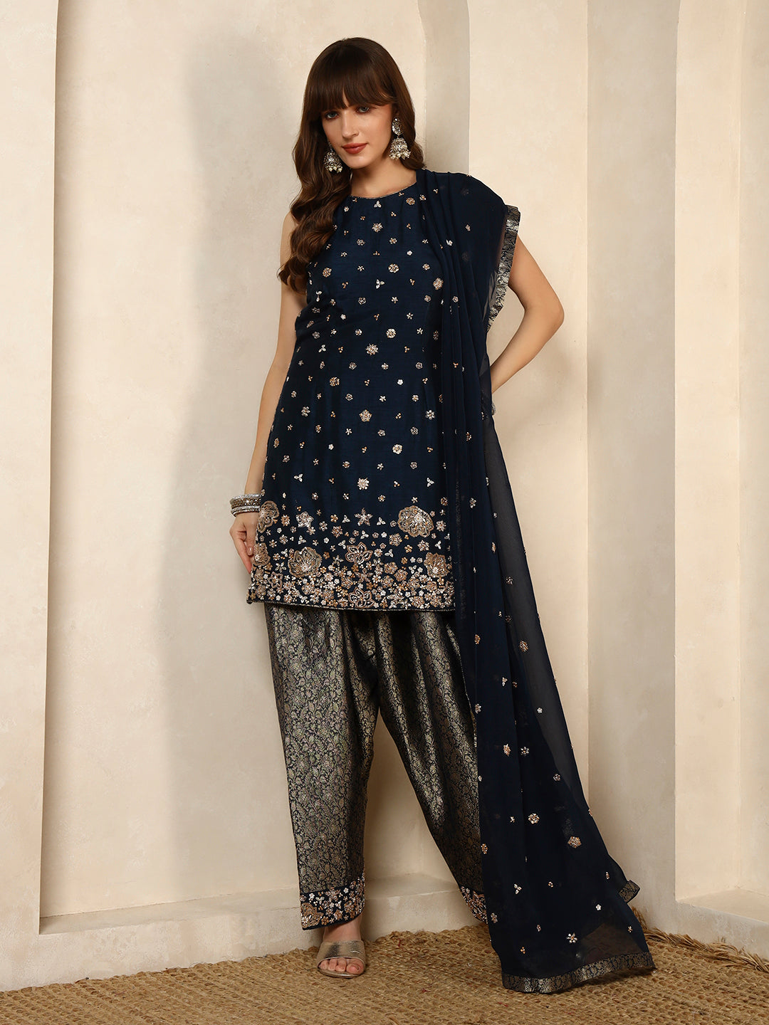 Navy Blue Embellished Kurta with Brocade Dhoti Pants and Dupatta