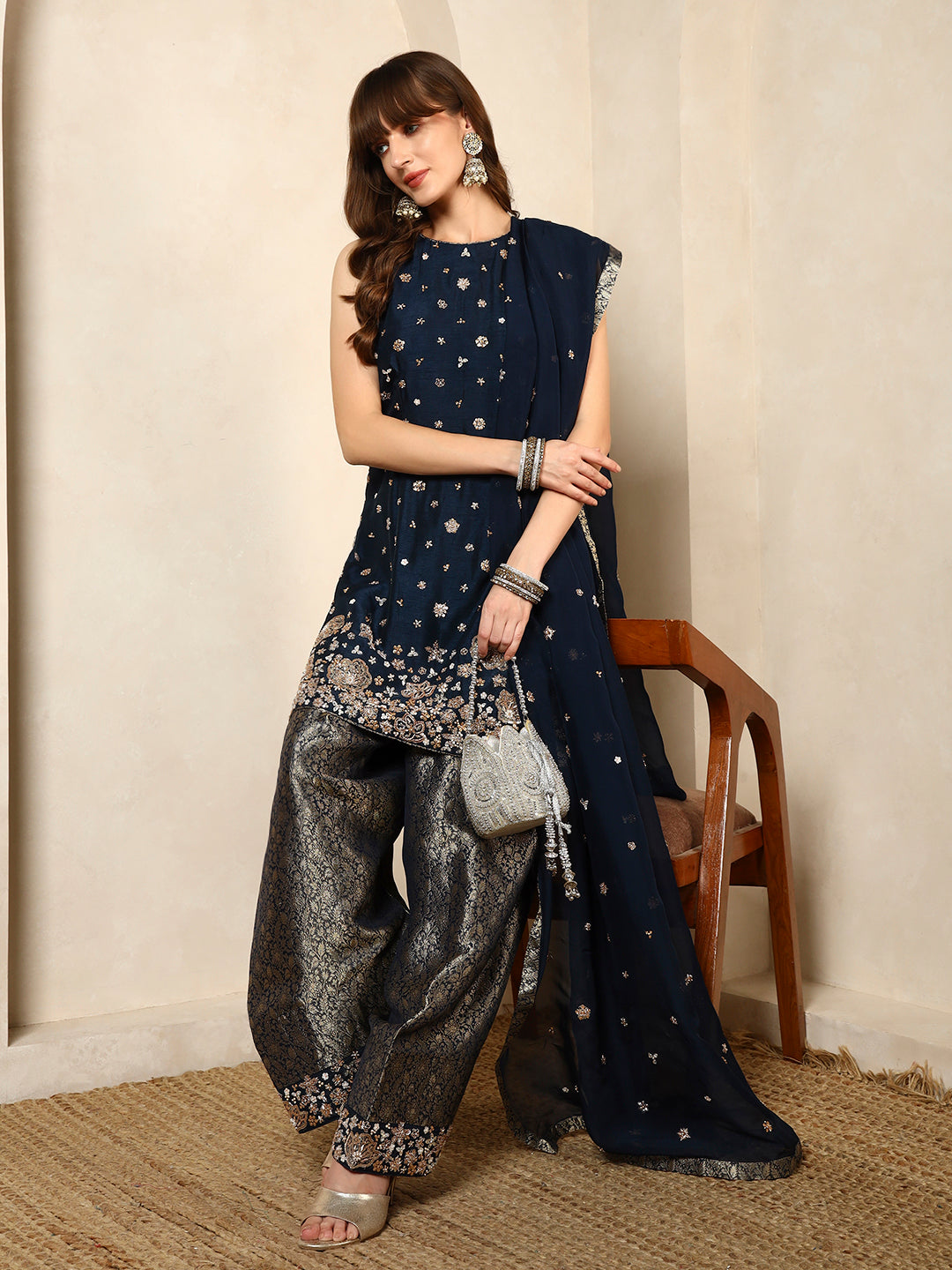 Navy Blue Embellished Kurta with Brocade Dhoti Pants and Dupatta