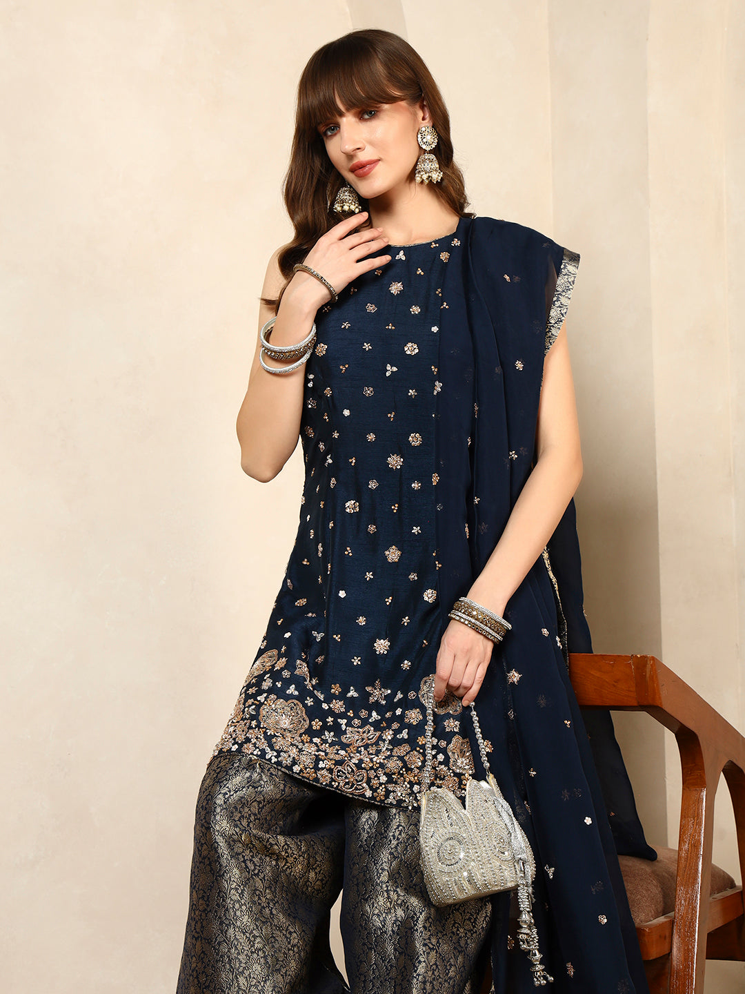 Navy Blue Embellished Kurta with Brocade Dhoti Pants and Dupatta