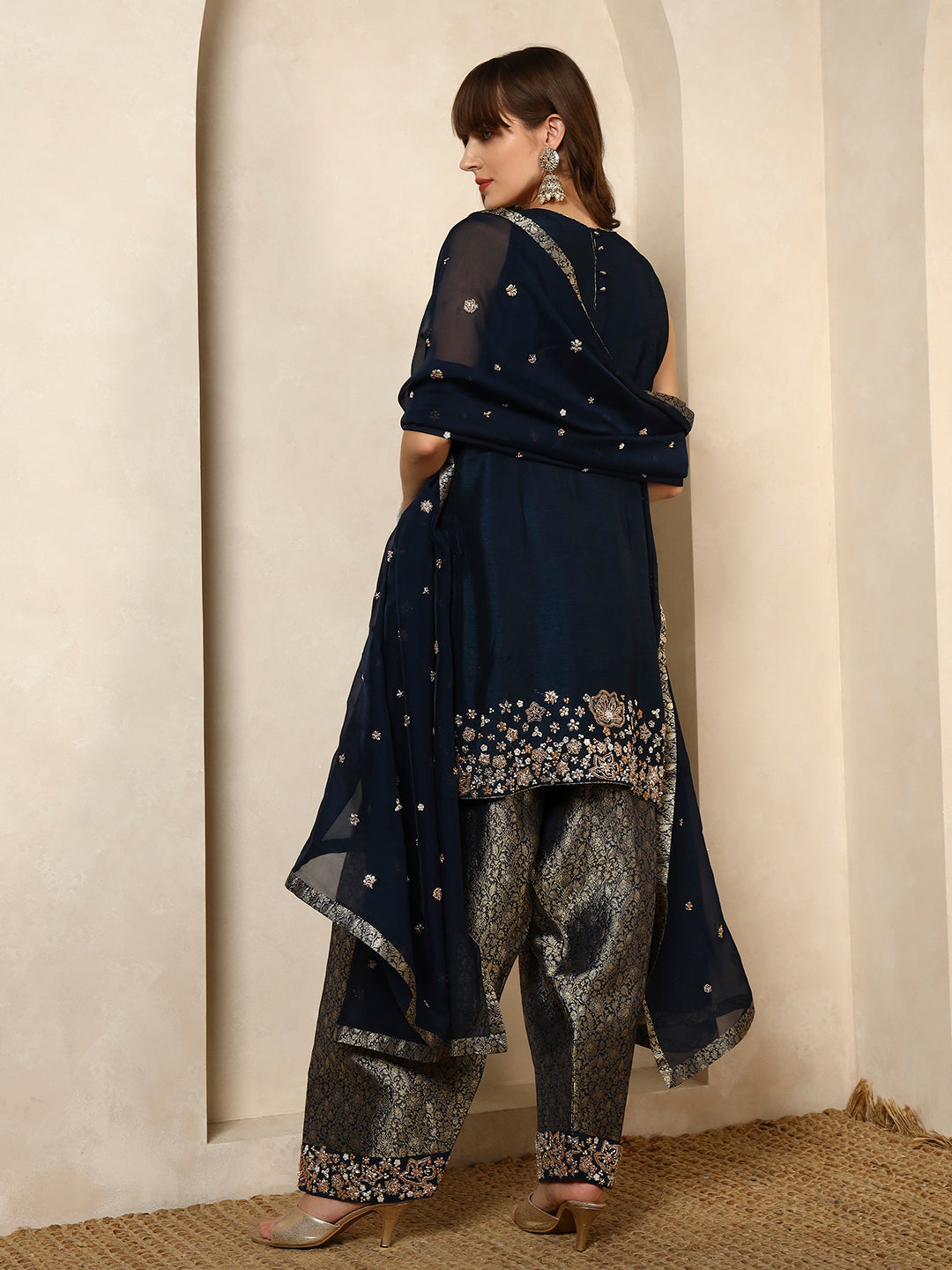 Navy Blue Embellished Kurta with Brocade Dhoti Pants and Dupatta