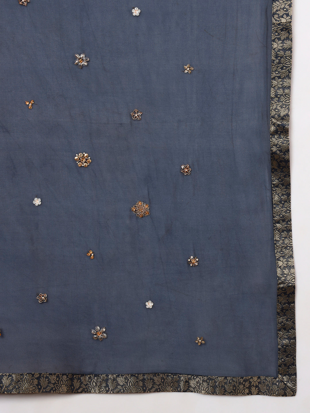 Navy Blue Embellished Kurta with Brocade Dhoti Pants and Dupatta