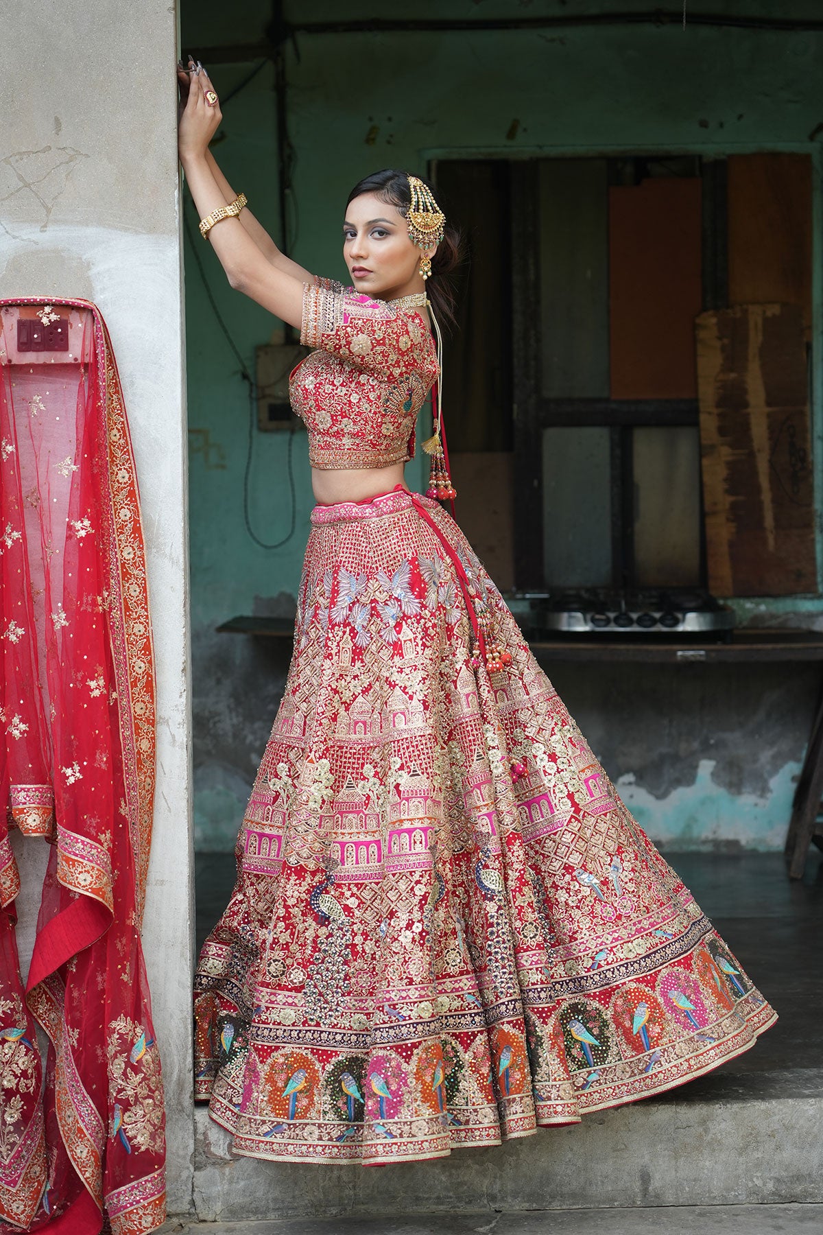 Red Bridal Lehenga Choli adorned with hand embroidery