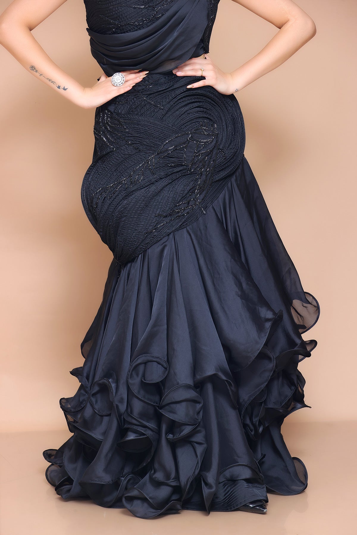 Black Ruffle Gown in organza