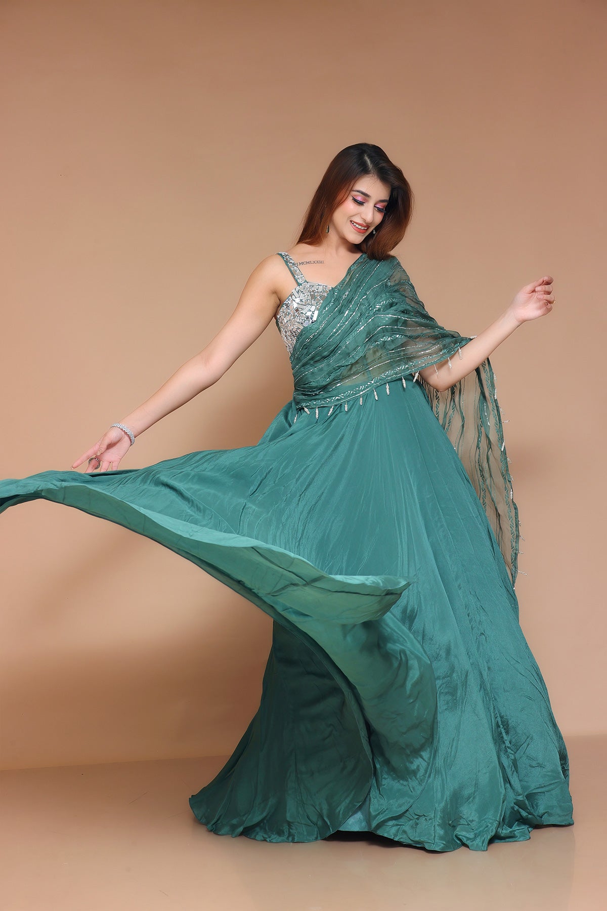 Bottle Green Gown in chinnon with drape sleeve
