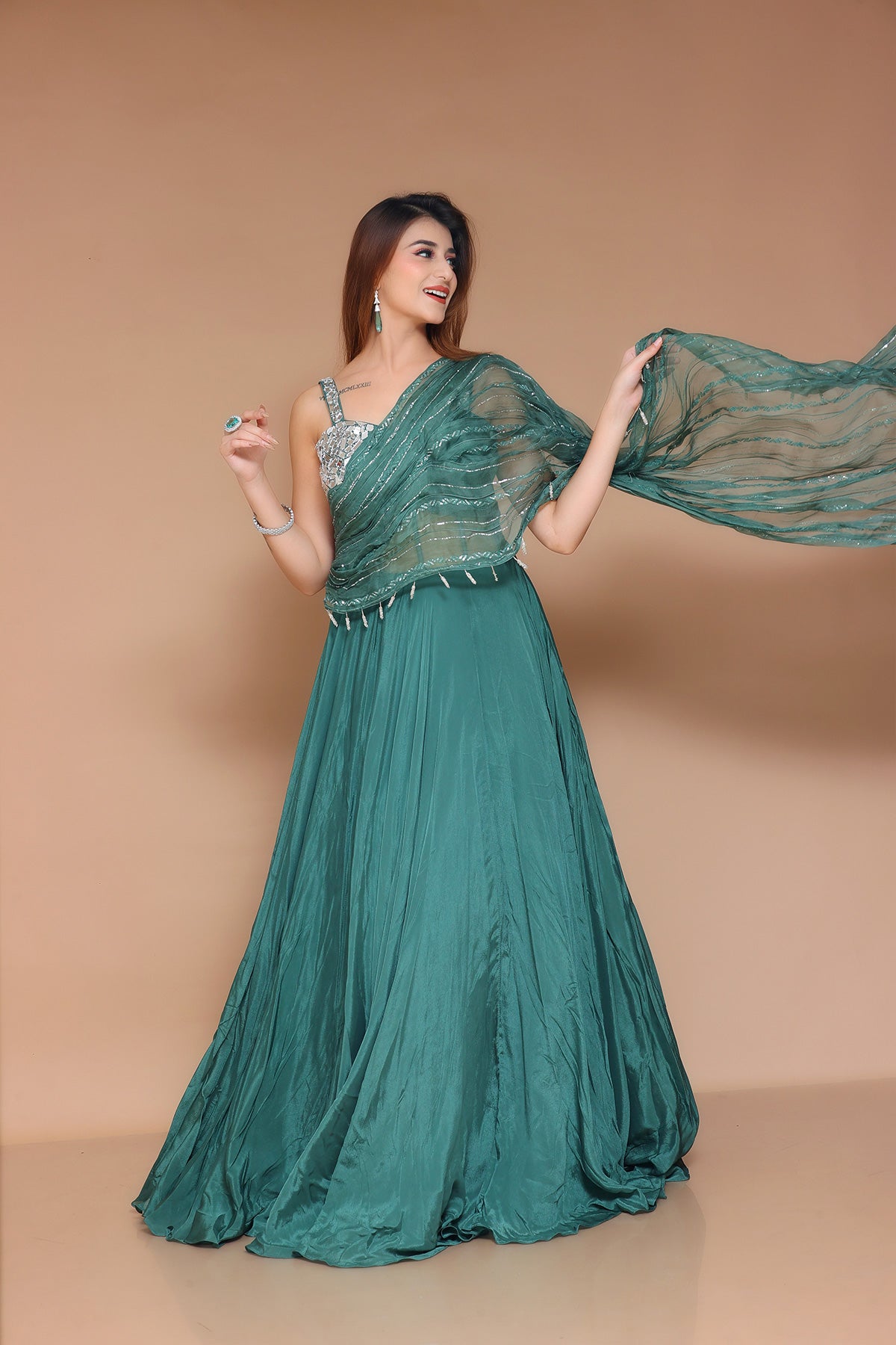 Bottle Green Gown in chinnon with drape sleeve
