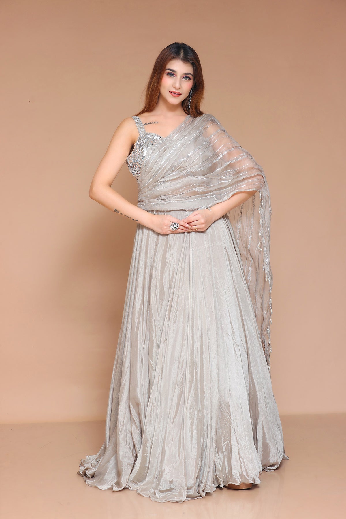 Grey Gown in chinnon with drape sleeve
