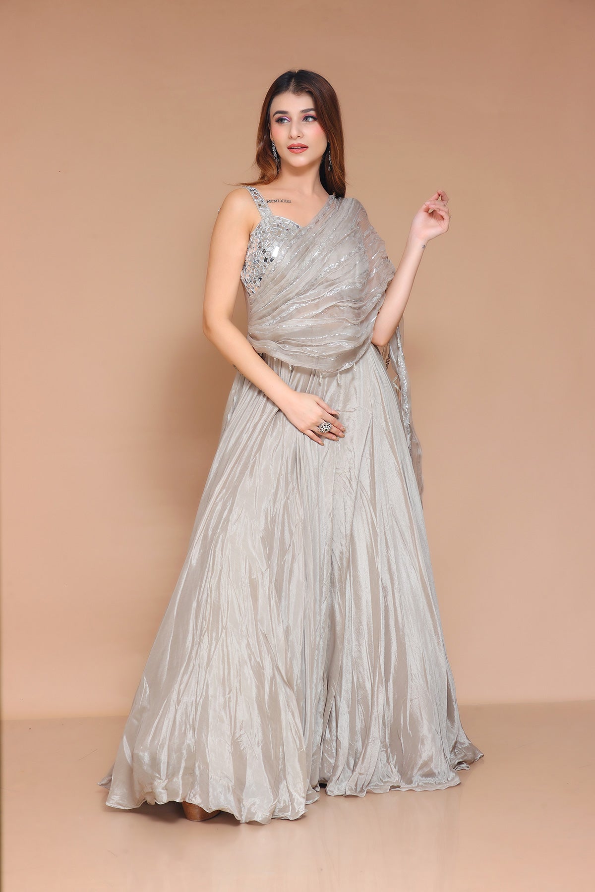 Grey Gown in chinnon with drape sleeve