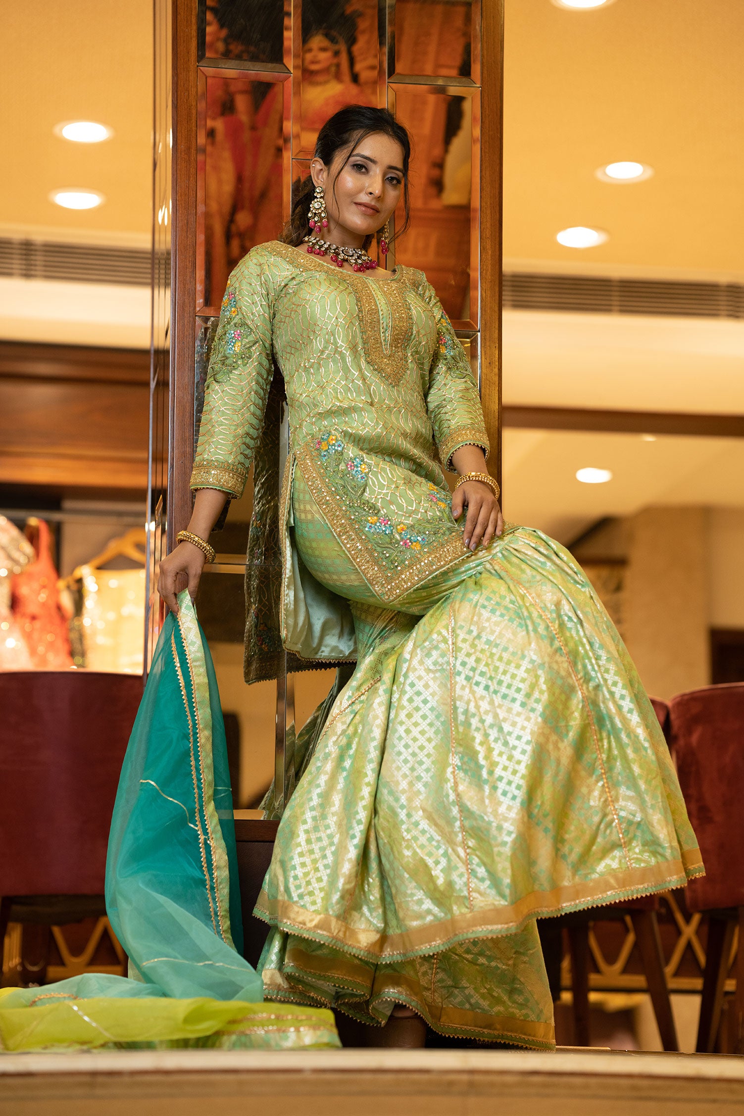 Pista Green Garara Suit with Golden Work